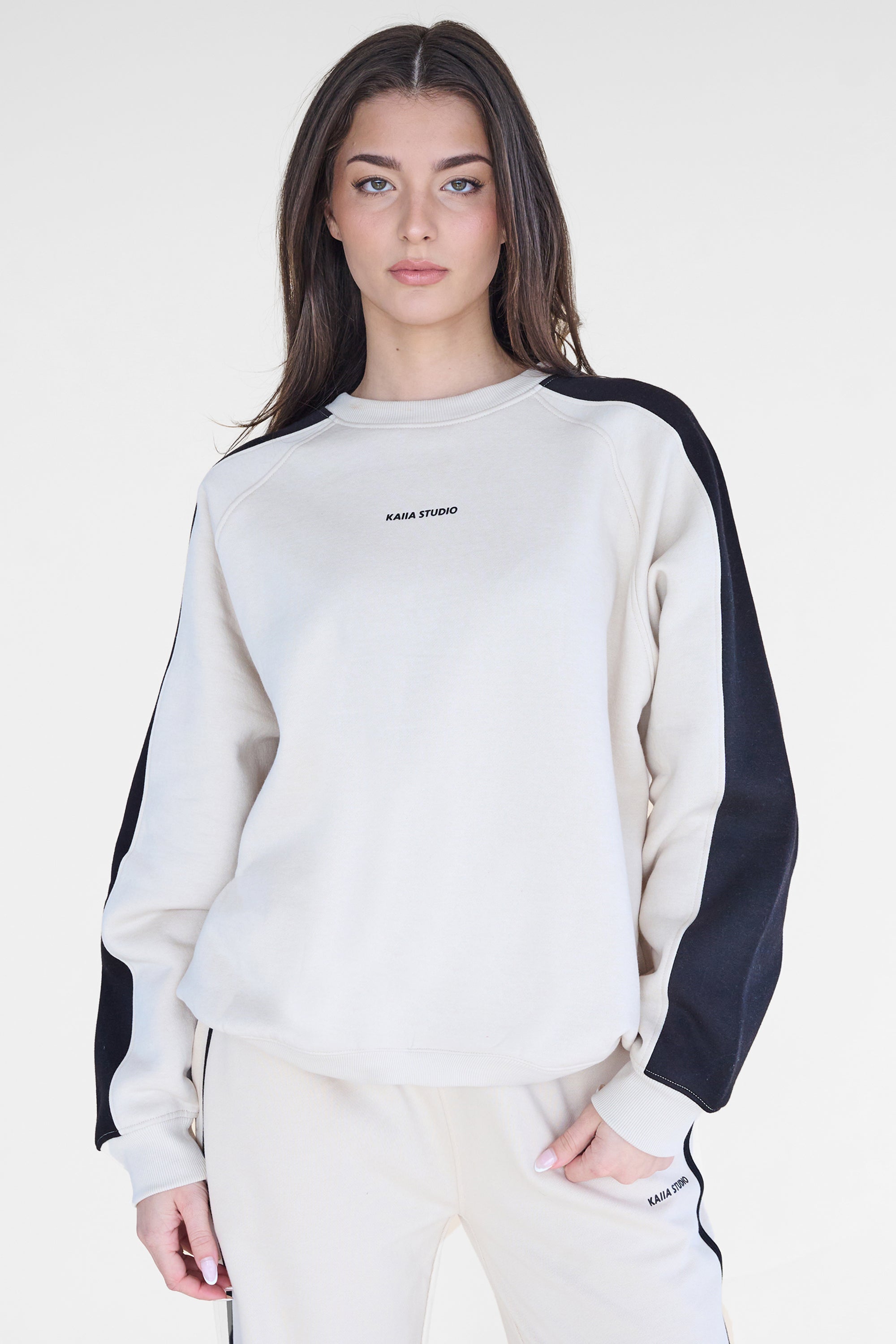 Kaiia Studio Contrast Panel Oversized Sweatshirt Stone & Black