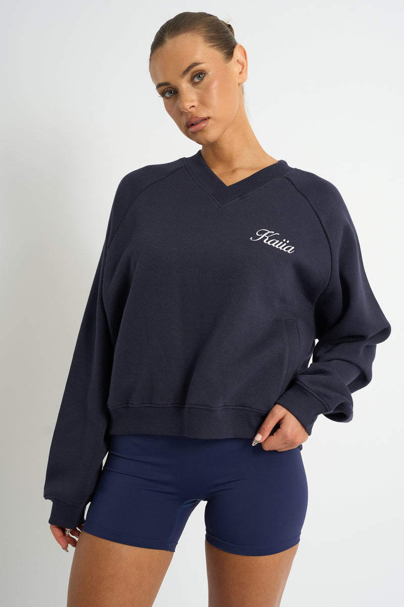 Kaiia Script V Neck Oversized Sweatshirt Navy & Yellow