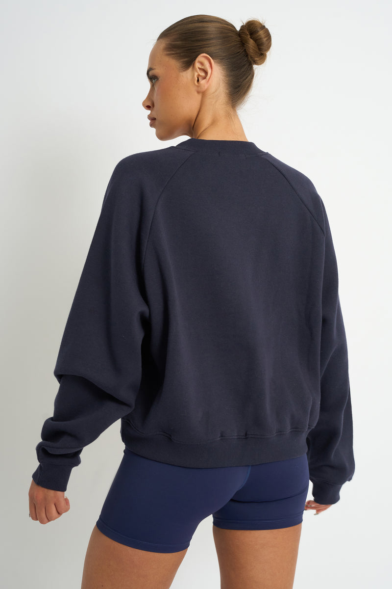 Kaiia Script V Neck Oversized Sweatshirt Navy & Yellow