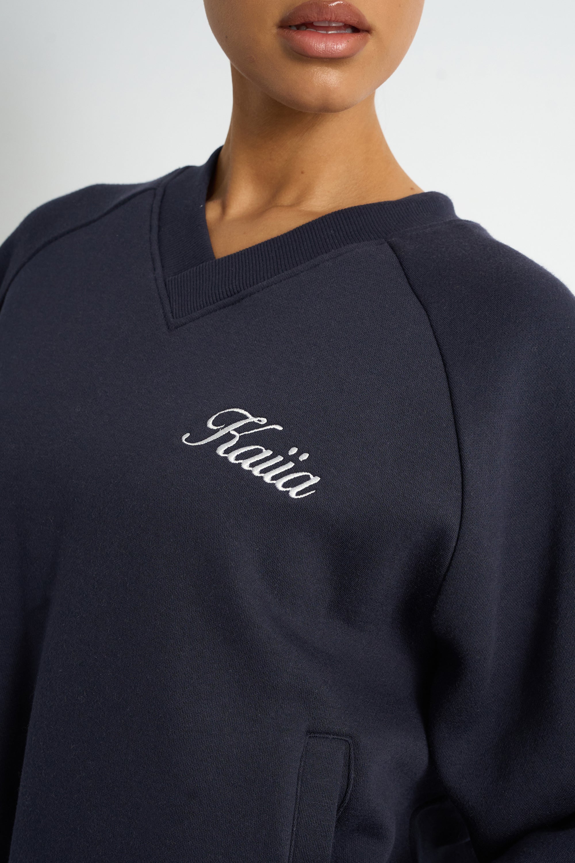 Kaiia Script V Neck Oversized Sweatshirt Navy & Yellow