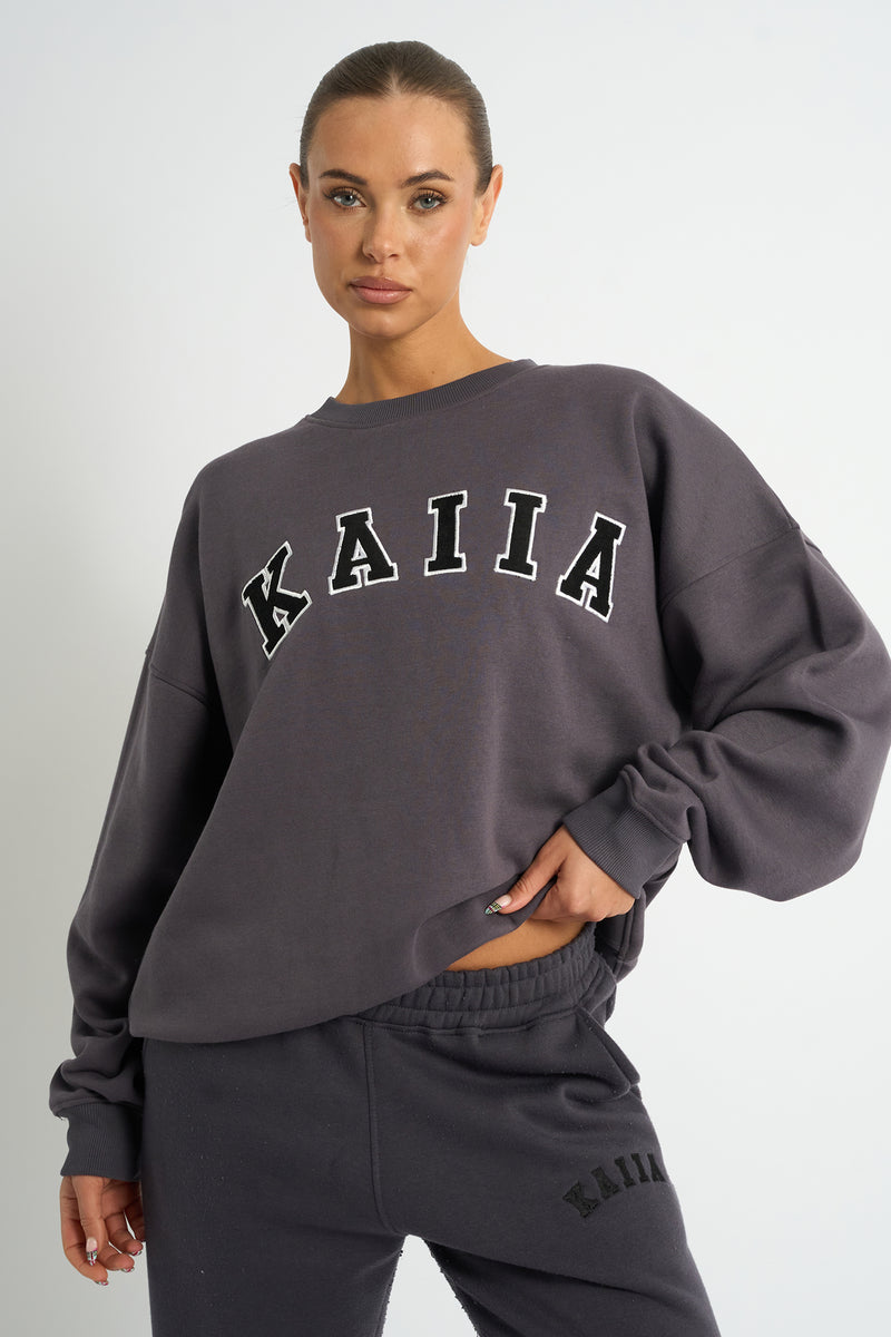 Kaiia Slogan Oversized Sweatshirt Dark Grey