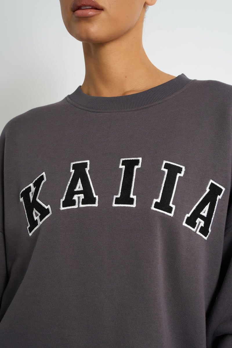 Kaiia Slogan Oversized Sweatshirt Dark Grey