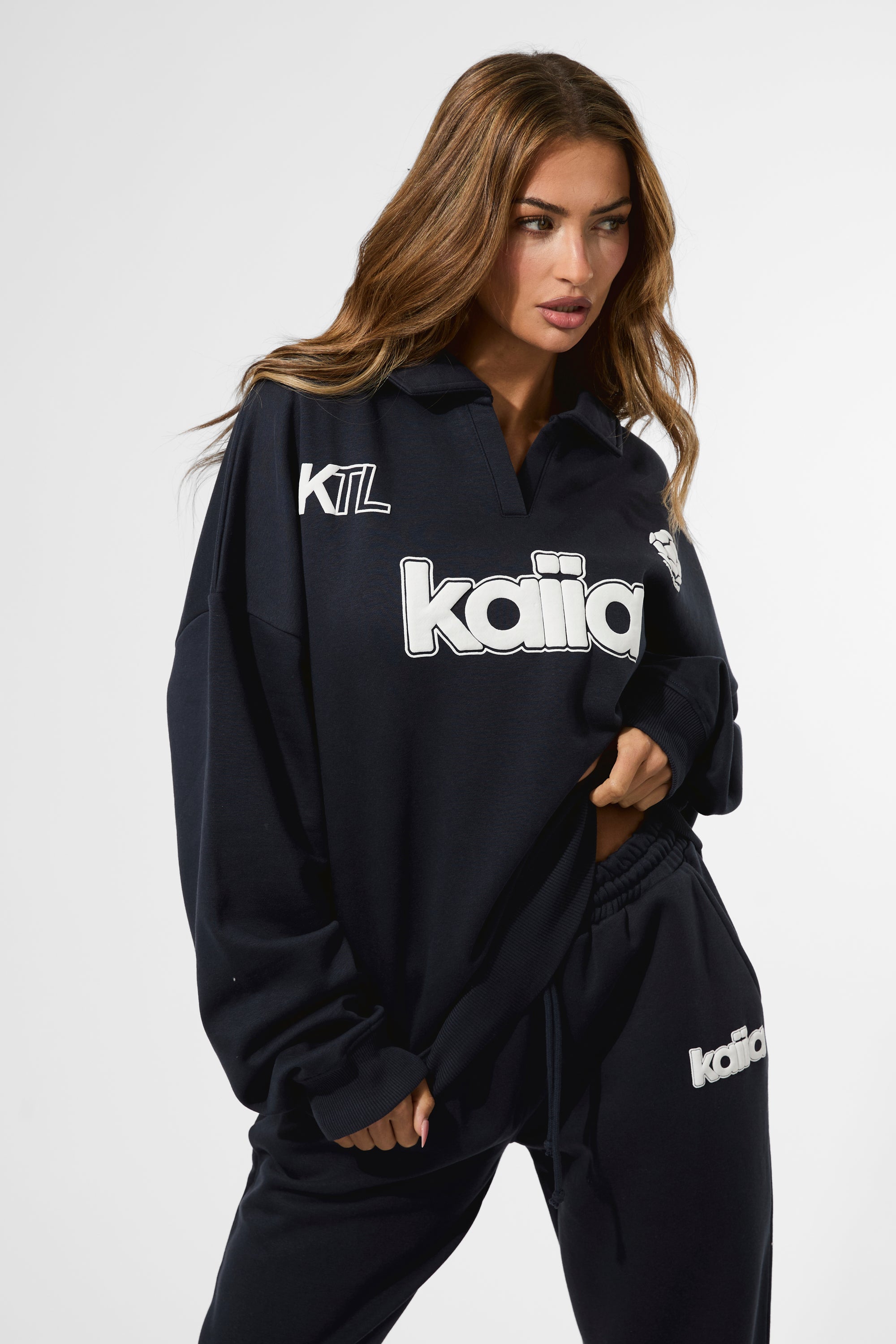 Kaiia Puff Print Rugby Oversized Sweatshirt Navy