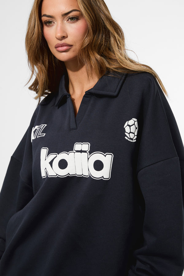 Kaiia Puff Print Rugby Oversized Sweatshirt Navy