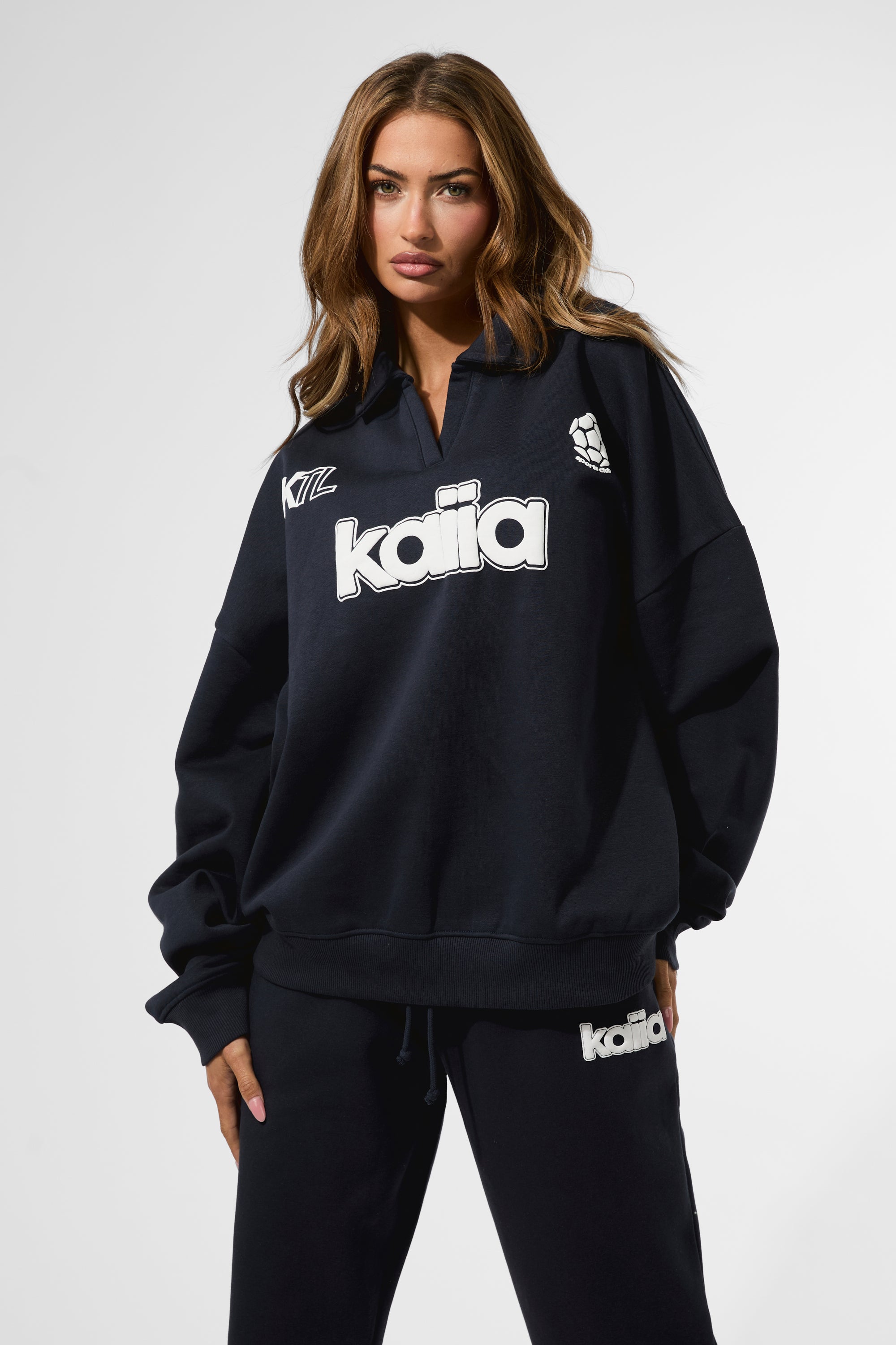 Kaiia Puff Print Rugby Oversized Sweatshirt Navy