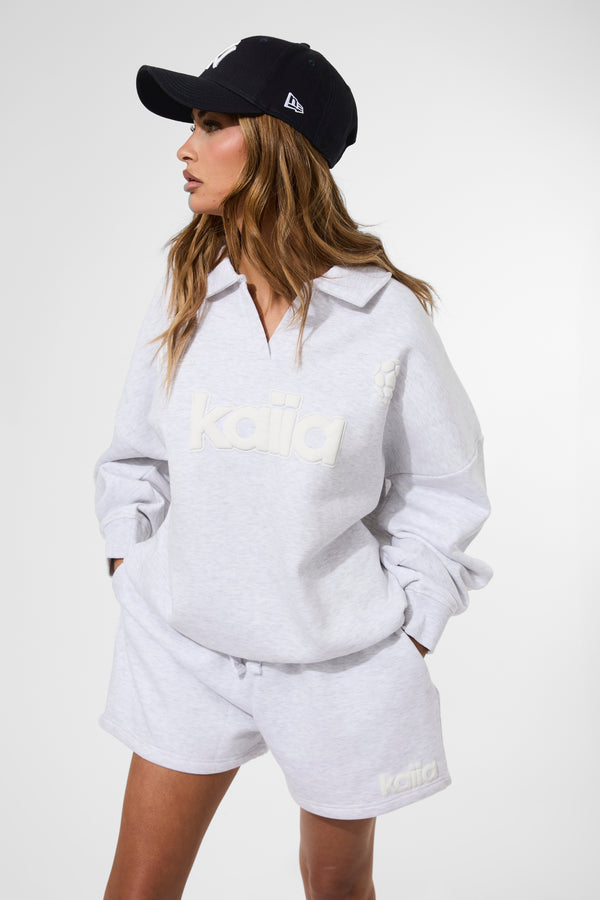 Kaiia Puff Print Rugby Oversized Sweatshirt Ash Grey Marl