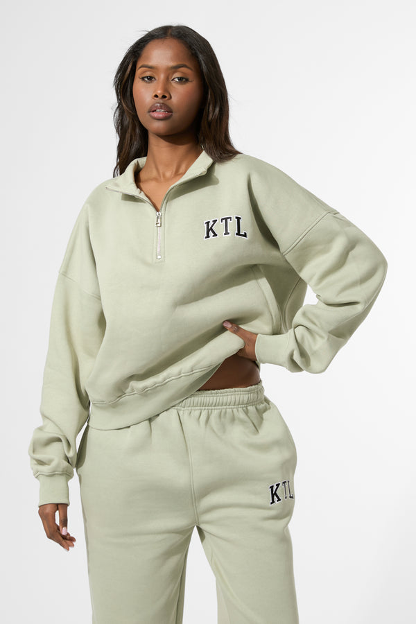 Kaiia KTL Logo Oversized Quarter Zip Sweatshirt Sage