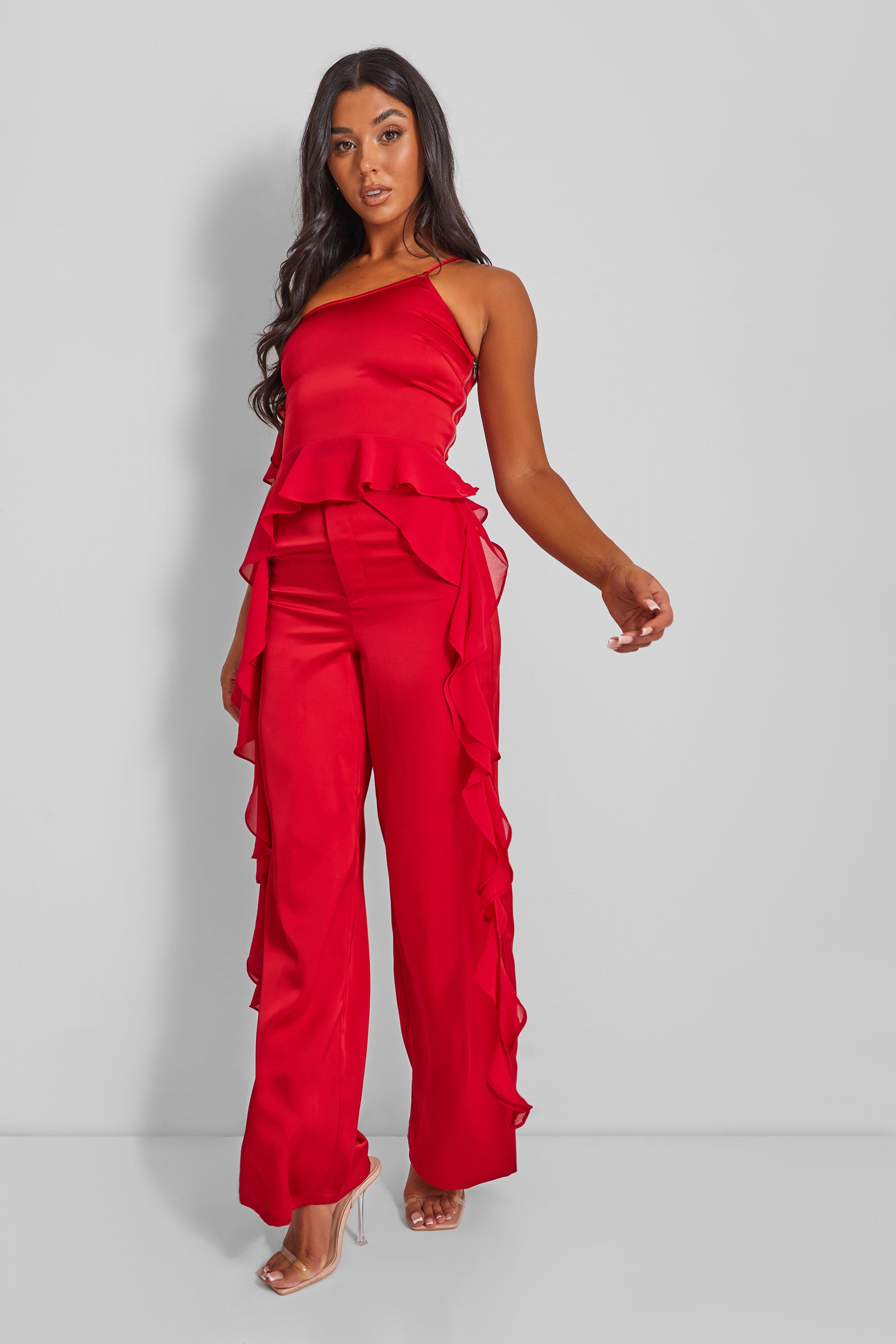 Kaiia Chiffon Ruffle Cami Top in Red