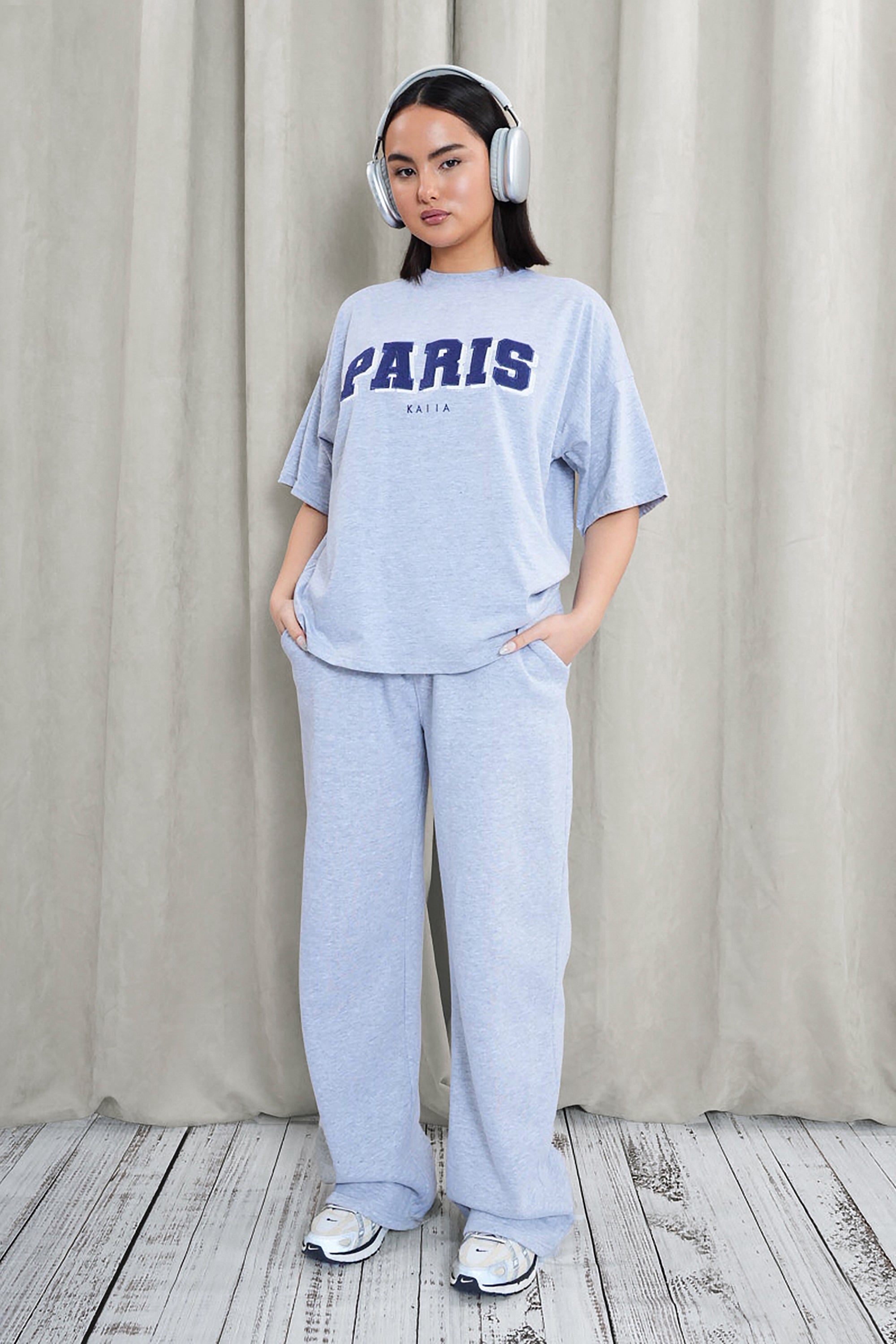 Kaiia Paris Shadow Logo Oversized Top Grey Marl