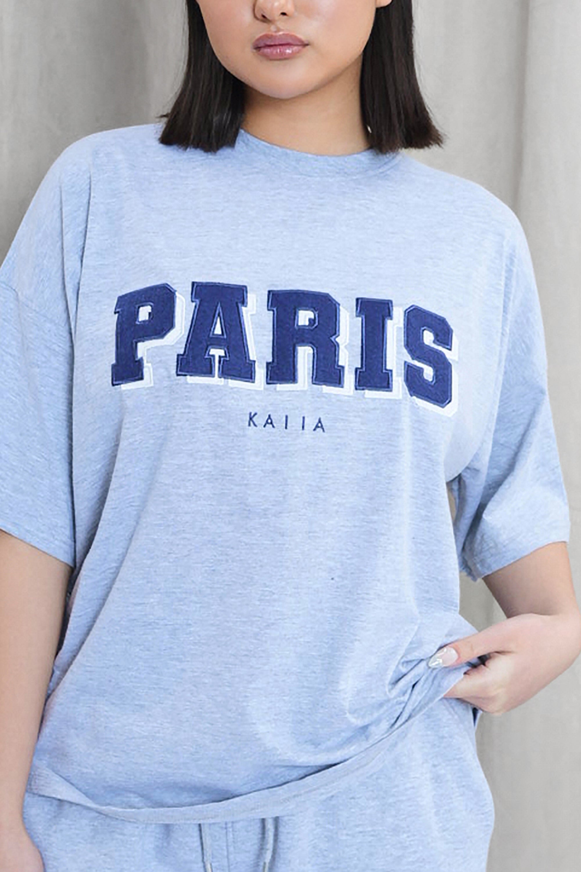 Kaiia Paris Shadow Logo Oversized Top Grey Marl