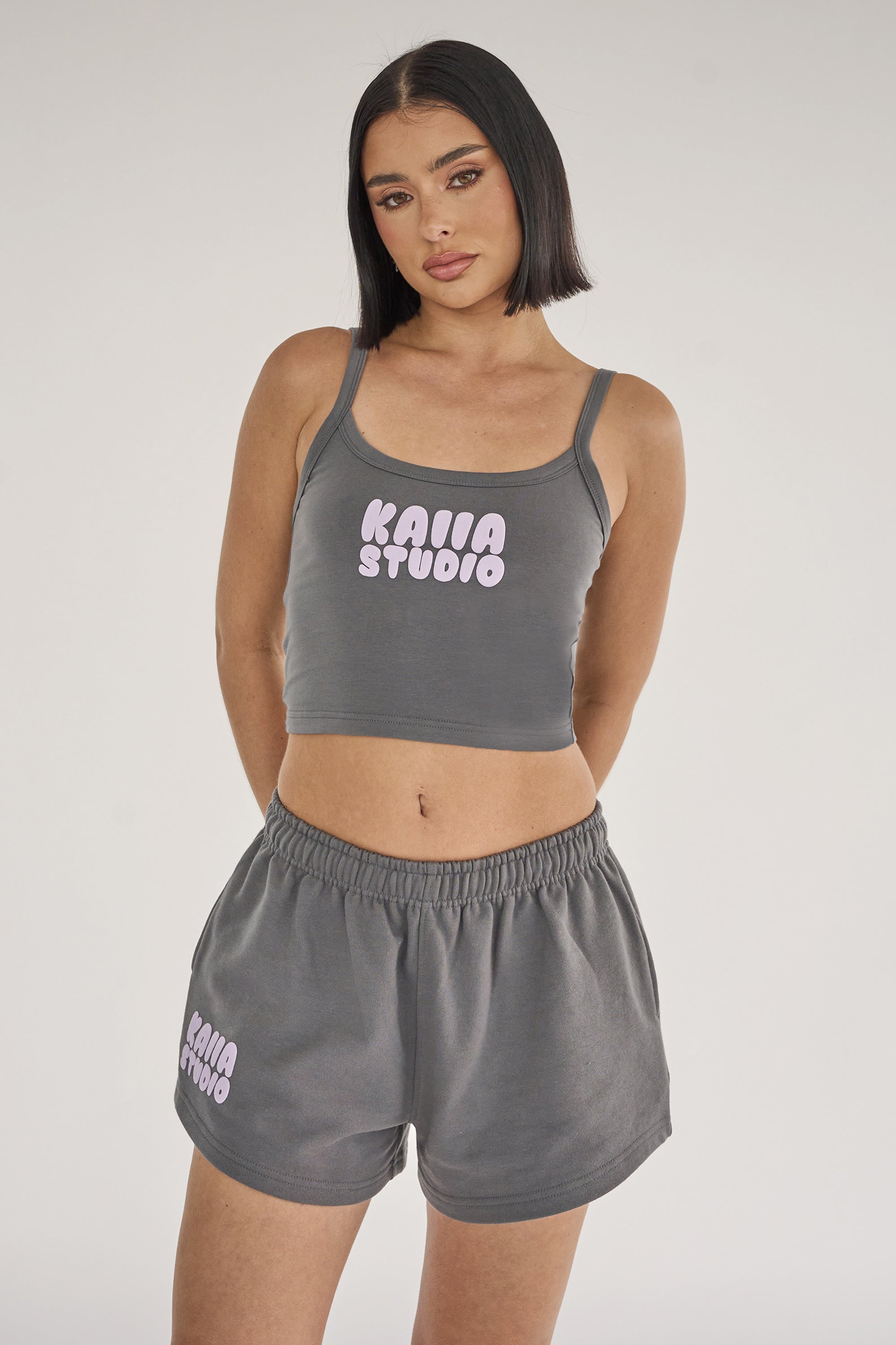 Kaiia Studio Bubble Logo Cami Vest Top Dark Grey & Lilac