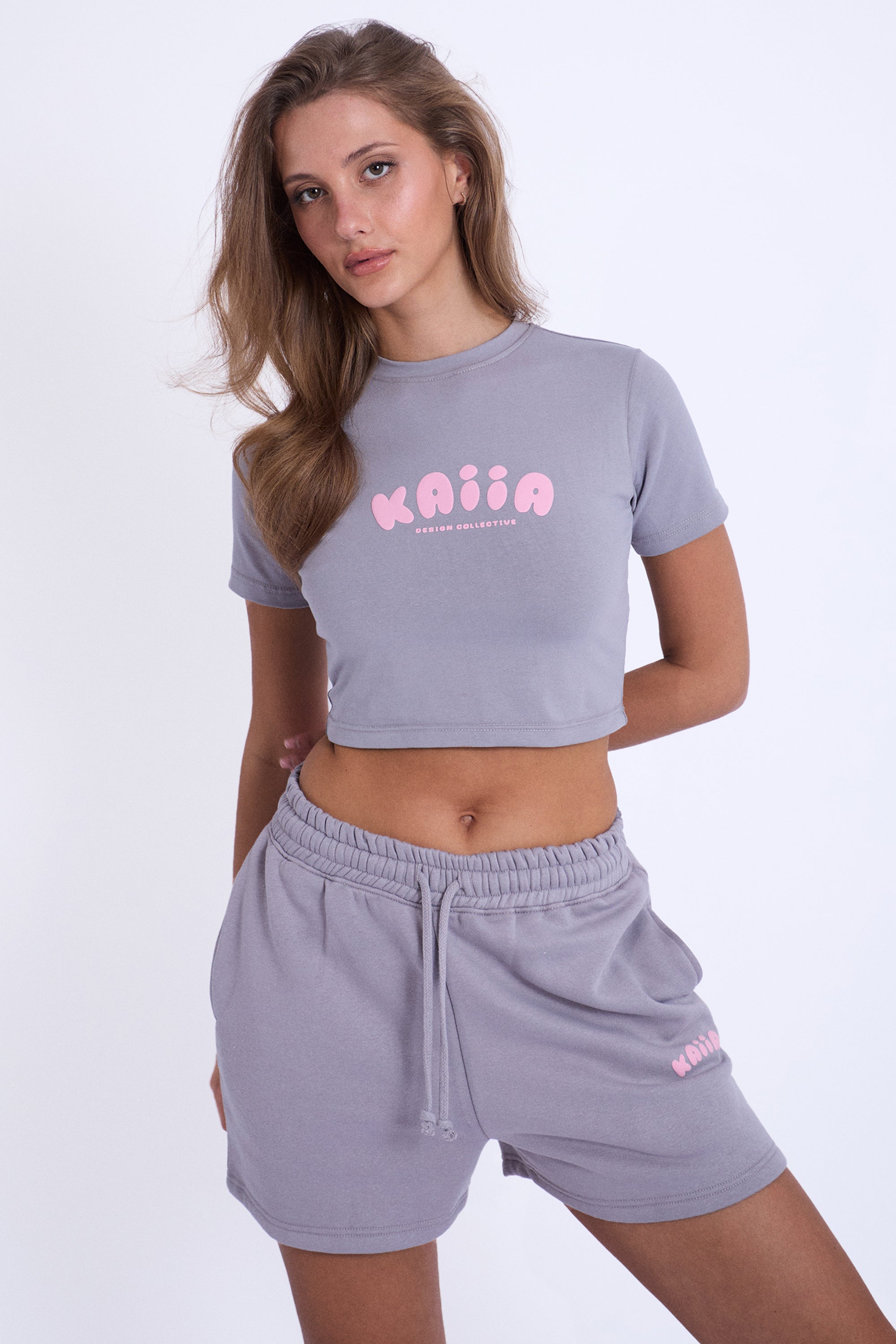 Kaiia Design Bubble Logo Baby Tee Slate Grey & Pink