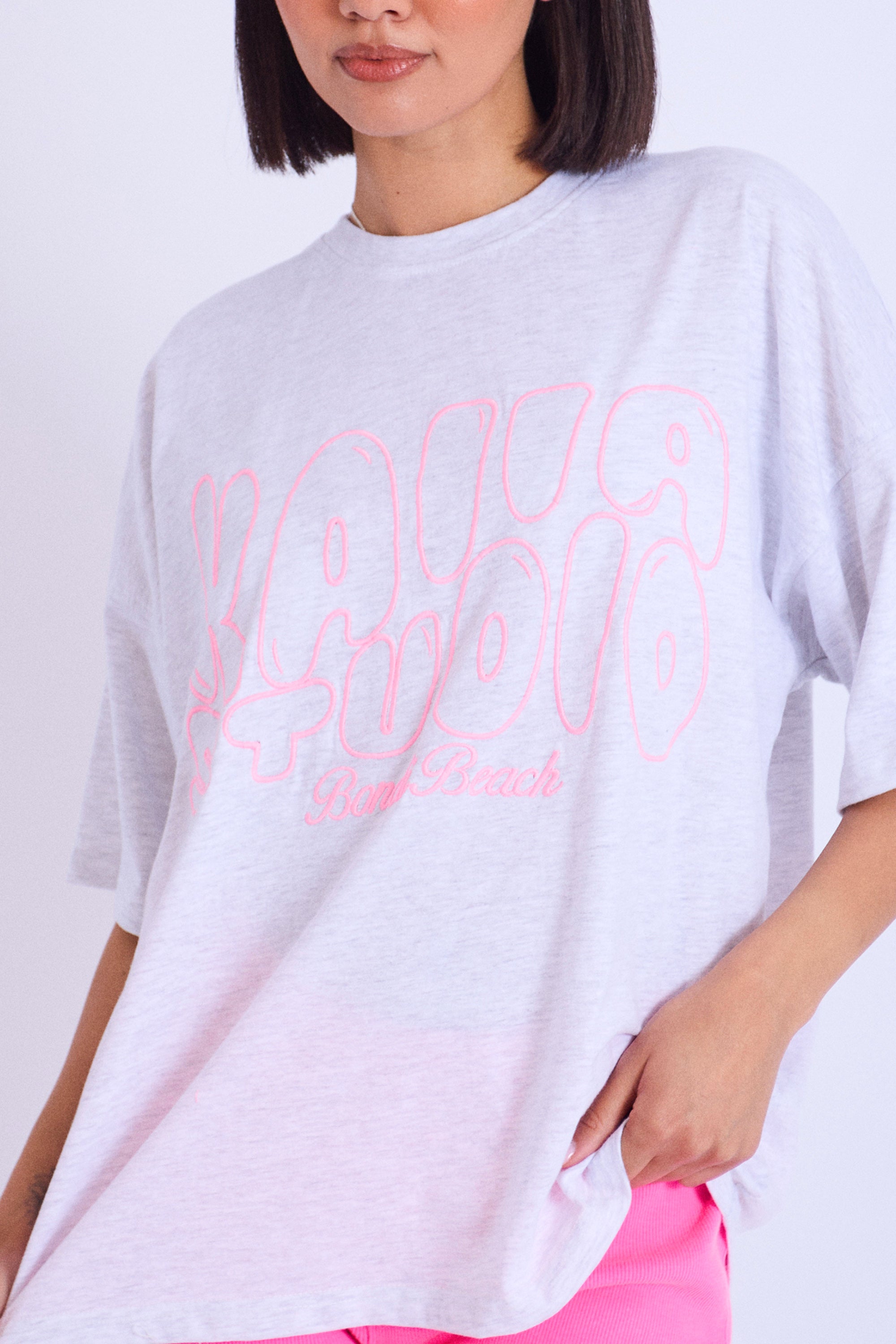 Kaiia Studio Embroidered Bubble Logo Oversized T-shirt Grey Marl & Pink