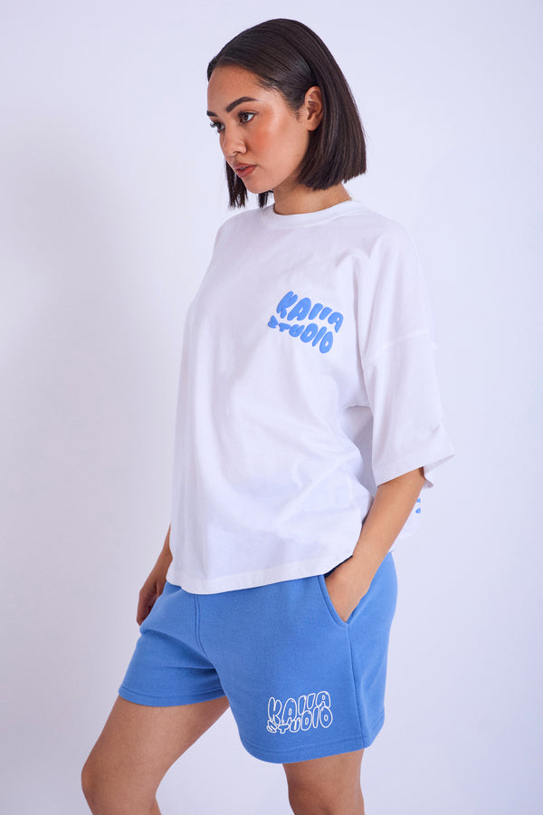 Kaiia Studio Palm Tree Bubble Logo Oversized T-shirt White & Blue