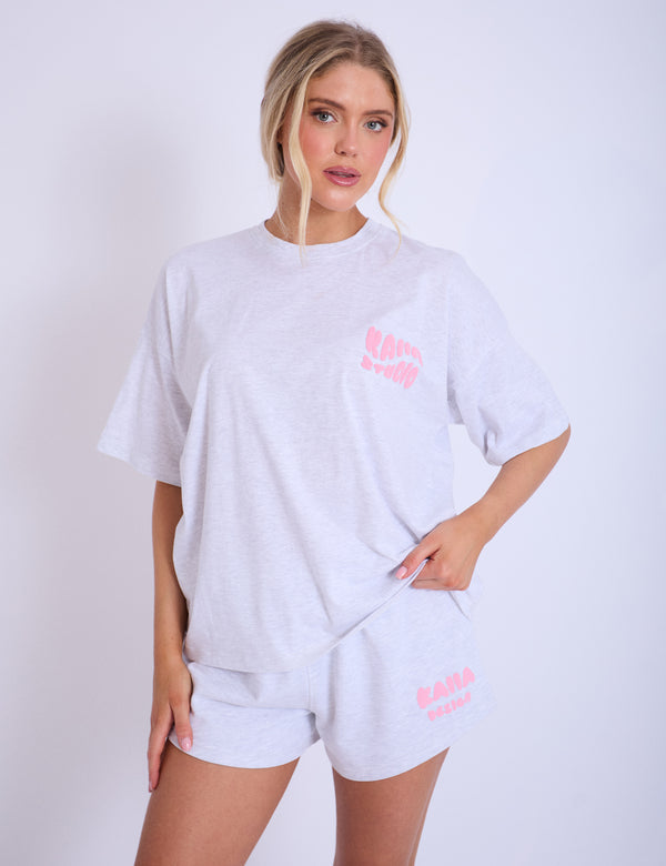 Kaiia Studio Bubble Logo Oversized T-shirt Light Grey Marl & Pink