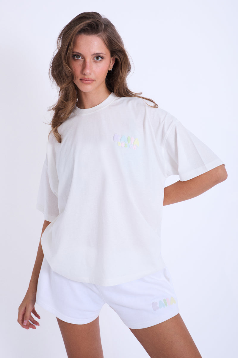 Kaiia Bubble Logo Oversized Tee Off White & Rainbow