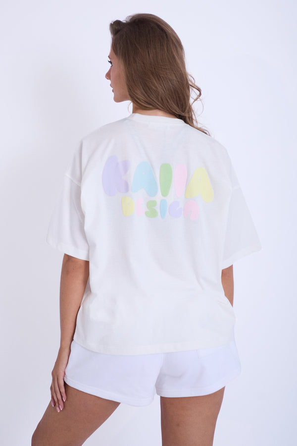 Kaiia Bubble Logo Oversized Tee Off White & Rainbow