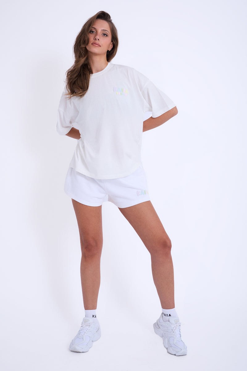 Kaiia Bubble Logo Oversized Tee Off White & Rainbow