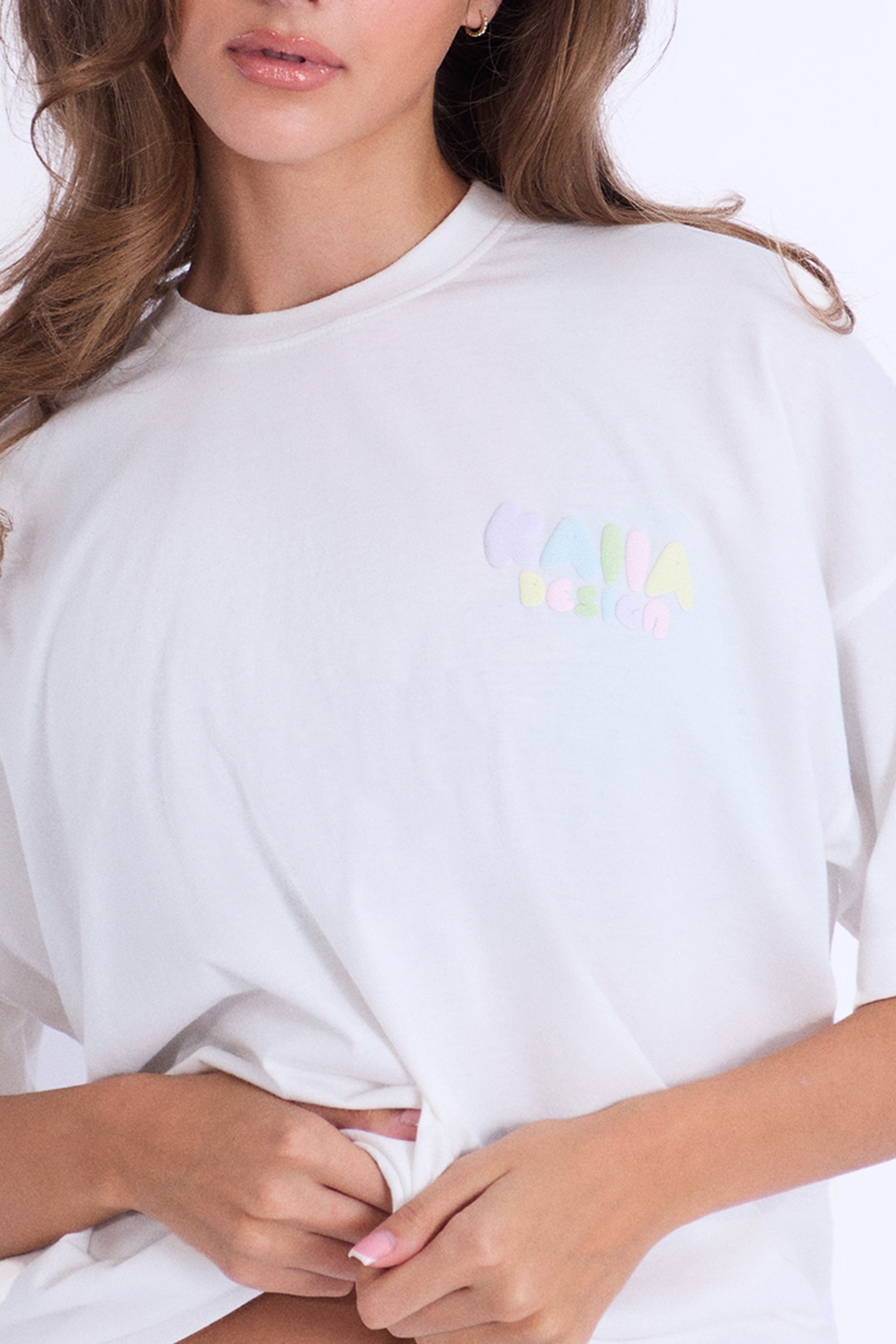 Kaiia Bubble Logo Oversized Tee Off White & Rainbow