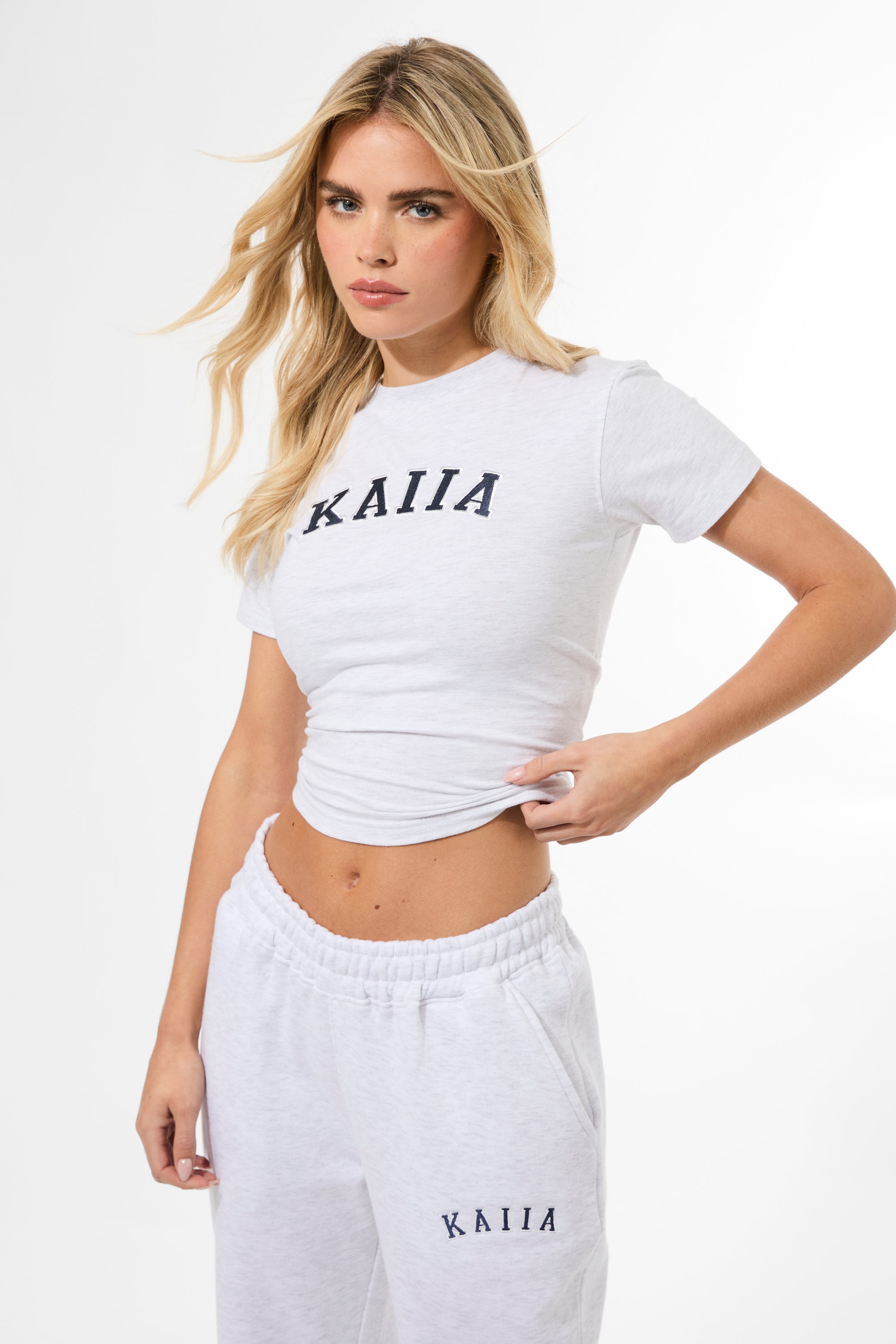 Kaiia Longline Baby Tee Light Grey Marl & Navy