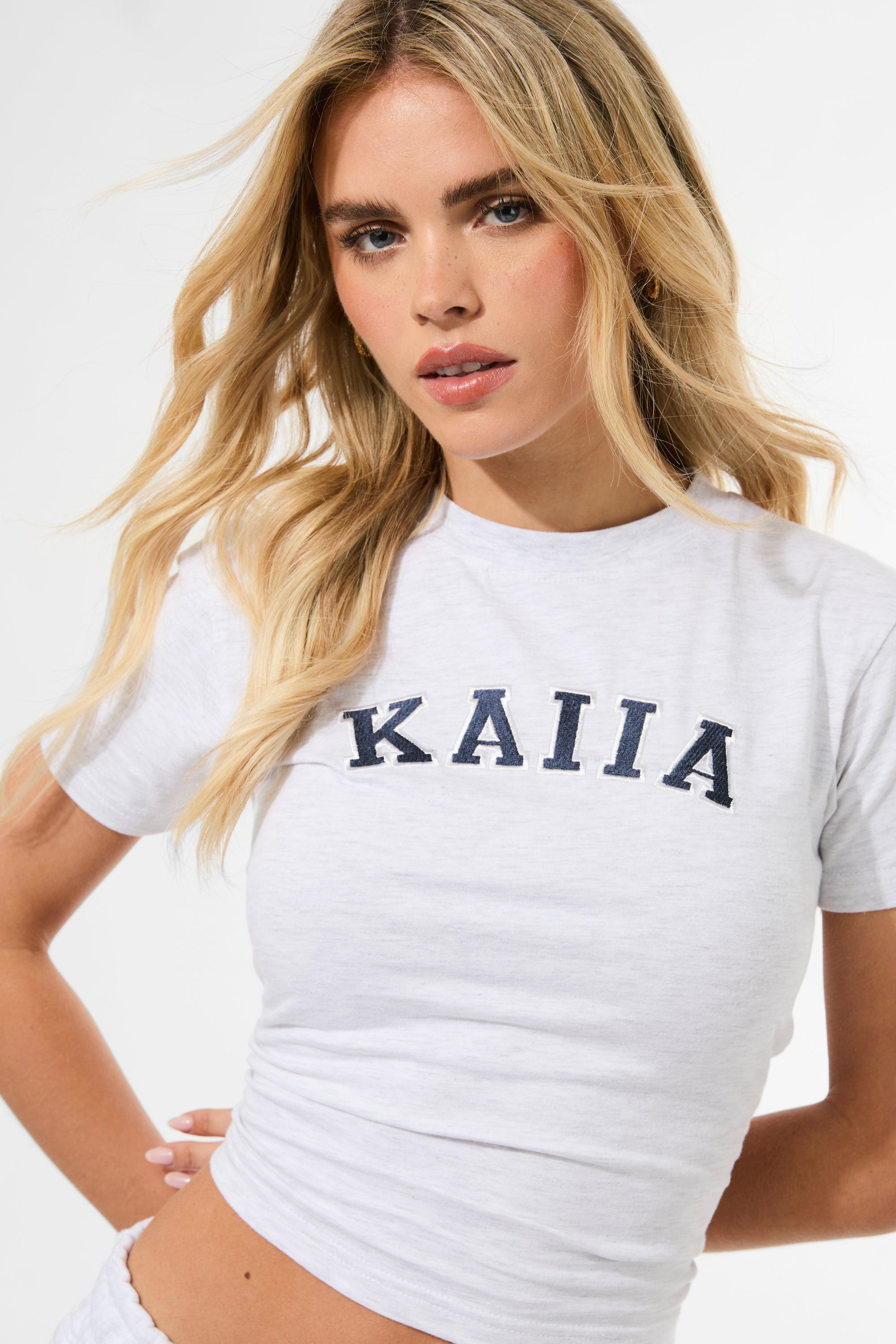 Kaiia Longline Baby Tee Light Grey Marl & Navy