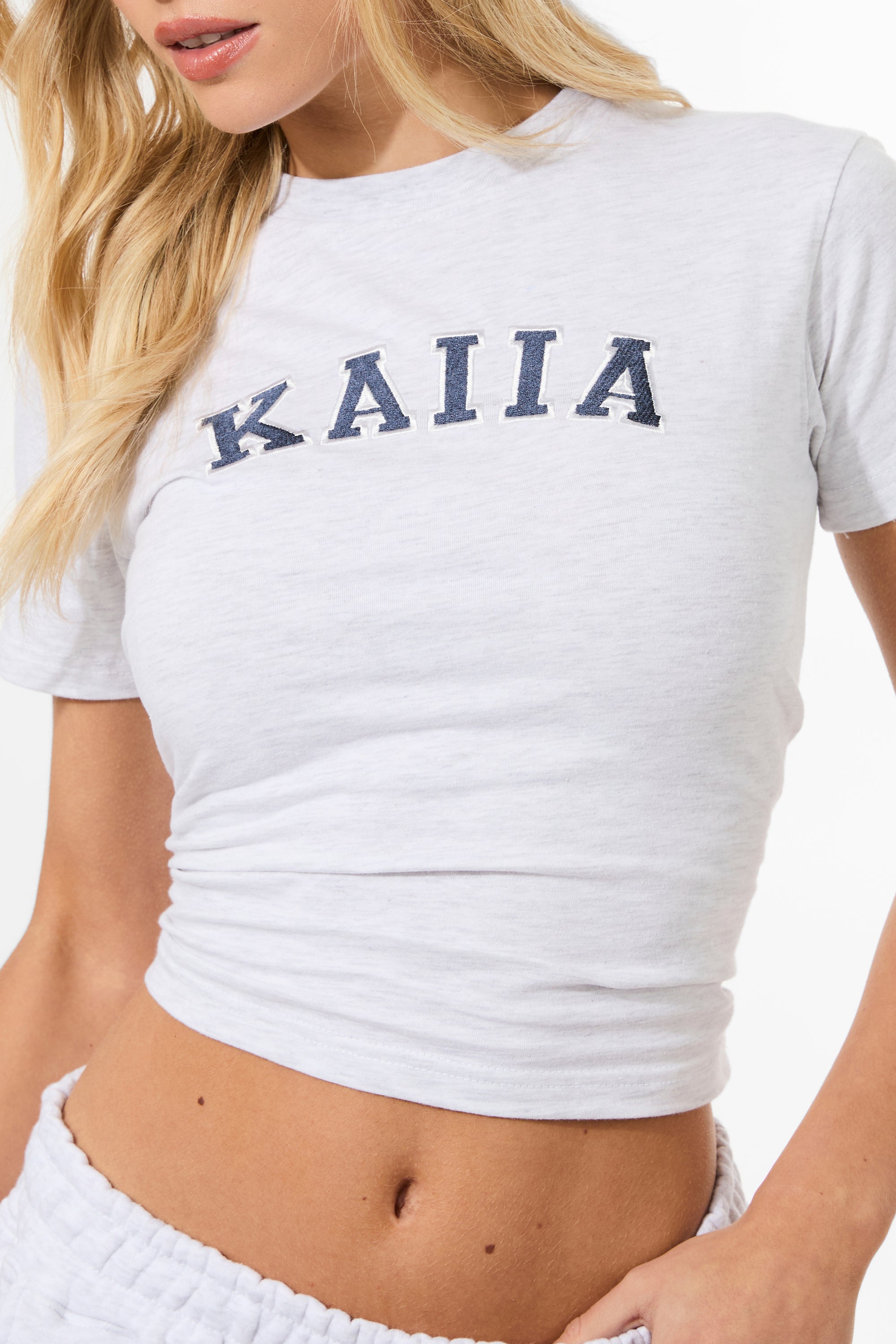 Kaiia Longline Baby Tee Light Grey Marl & Navy