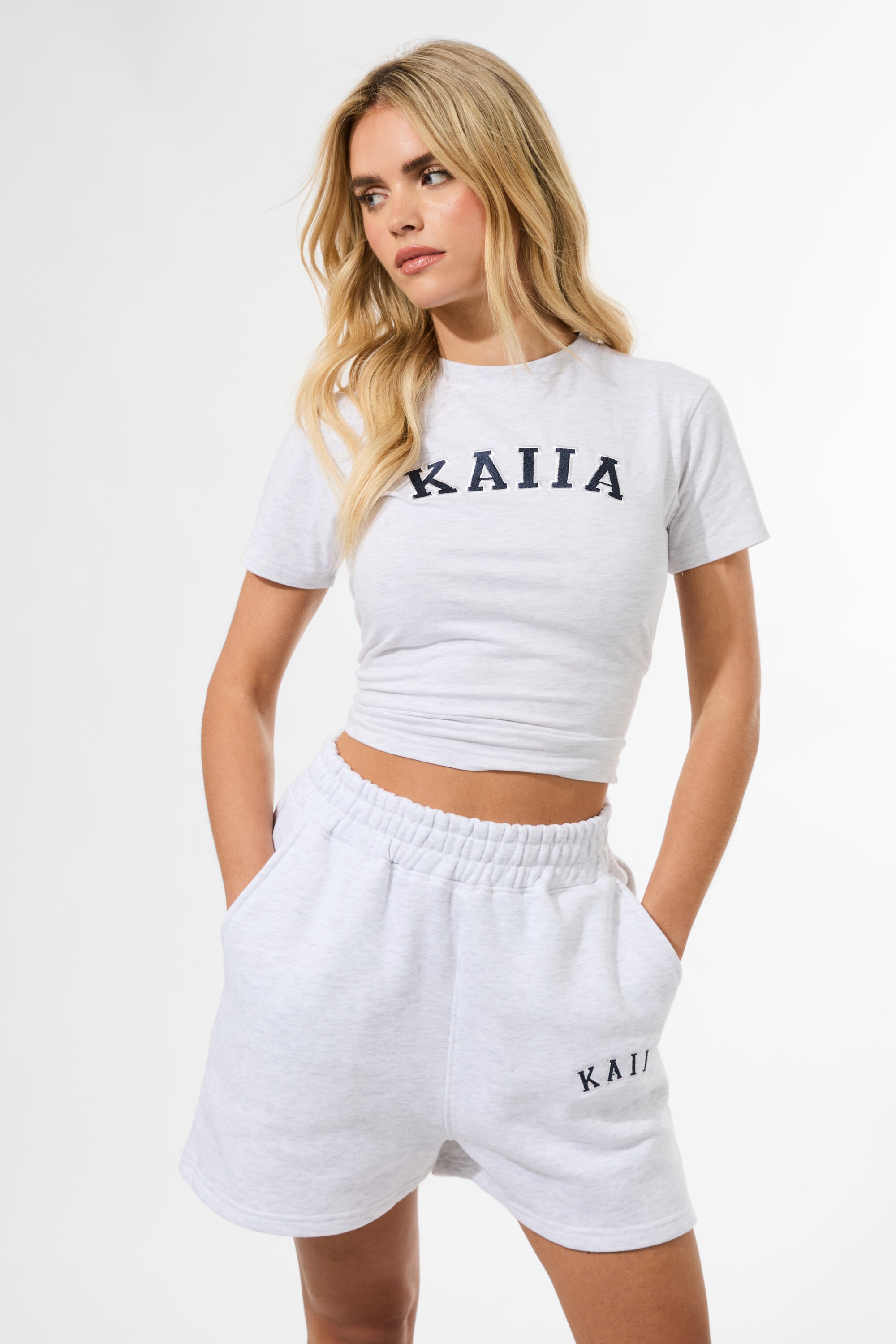 Kaiia Longline Baby Tee Light Grey Marl & Navy