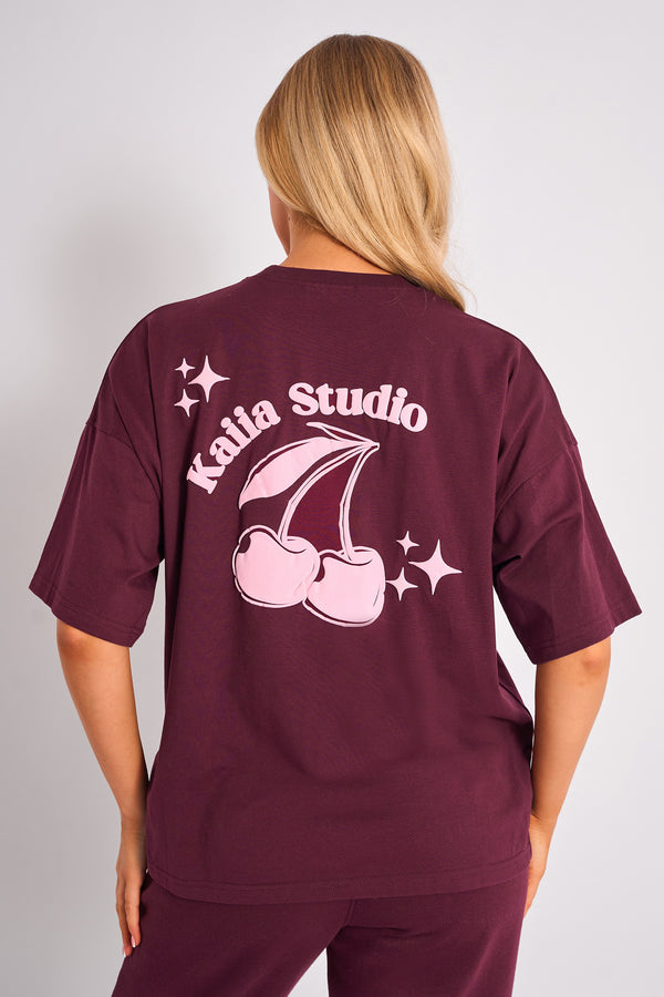 Kaiia Cherry Graphic Oversized T-shirt Plum & Pink