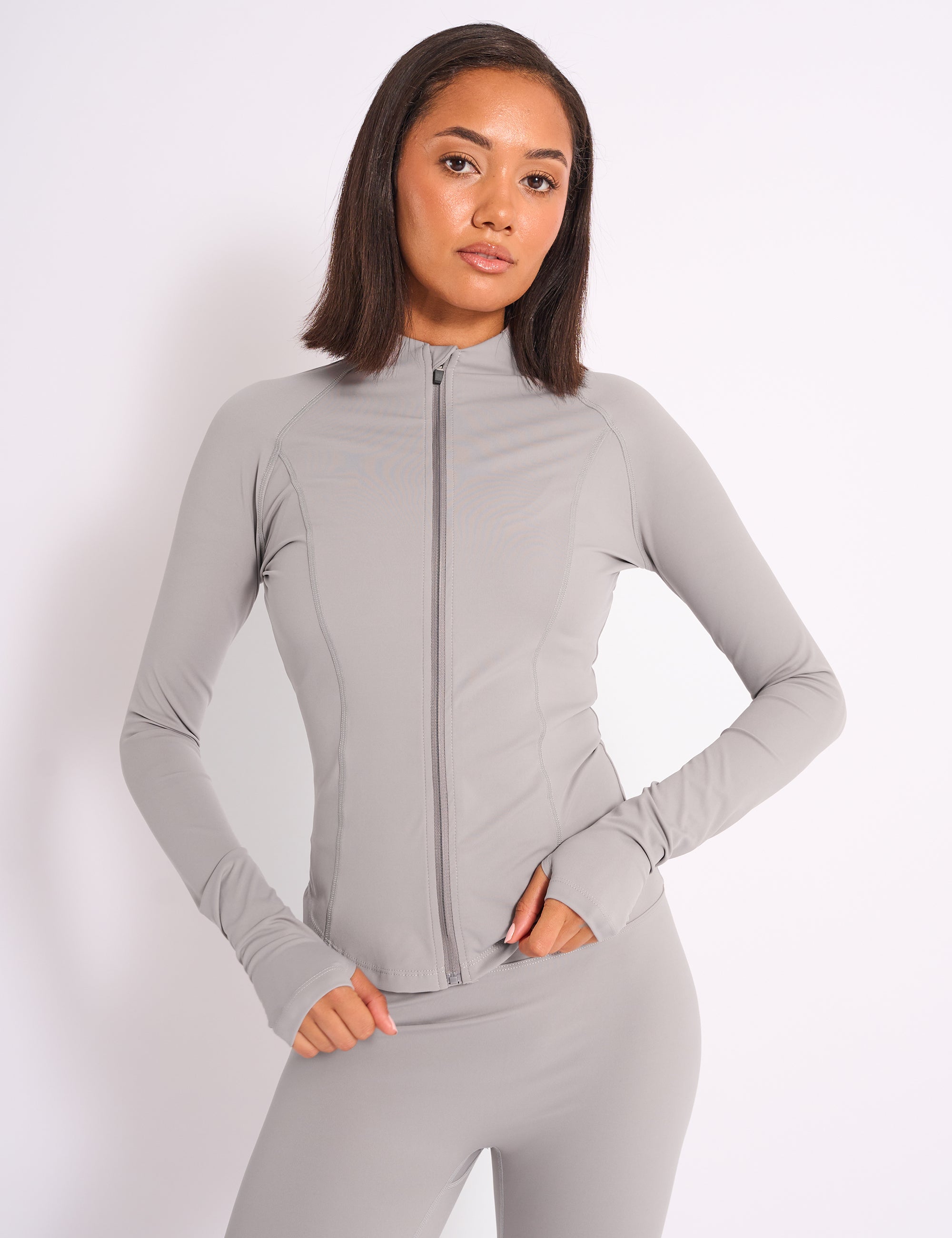 Kaiia Sculpt Long Sleeve Zip Through Fitted Jacket Dove Grey