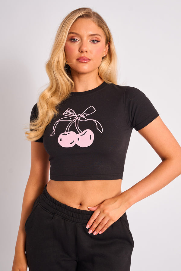 Kaiia Bow Cherry Graphic Baby Tee Black & Pink