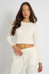 Kaiia Waffle Button Up Long Sleeve Top Cream