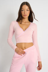 Kaiia Lace Trim Wrap Long Sleeve Top Pink