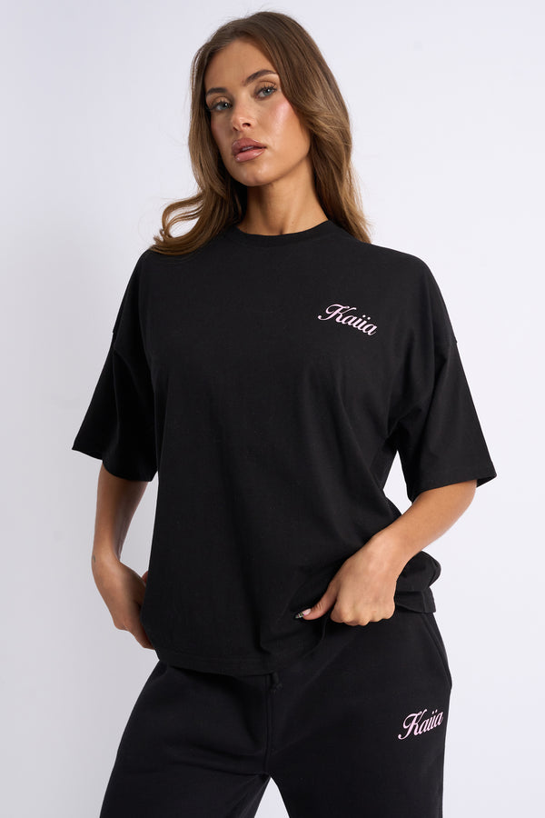 Kaiia Angel Graphic Oversized T-Shirt Black & Pink