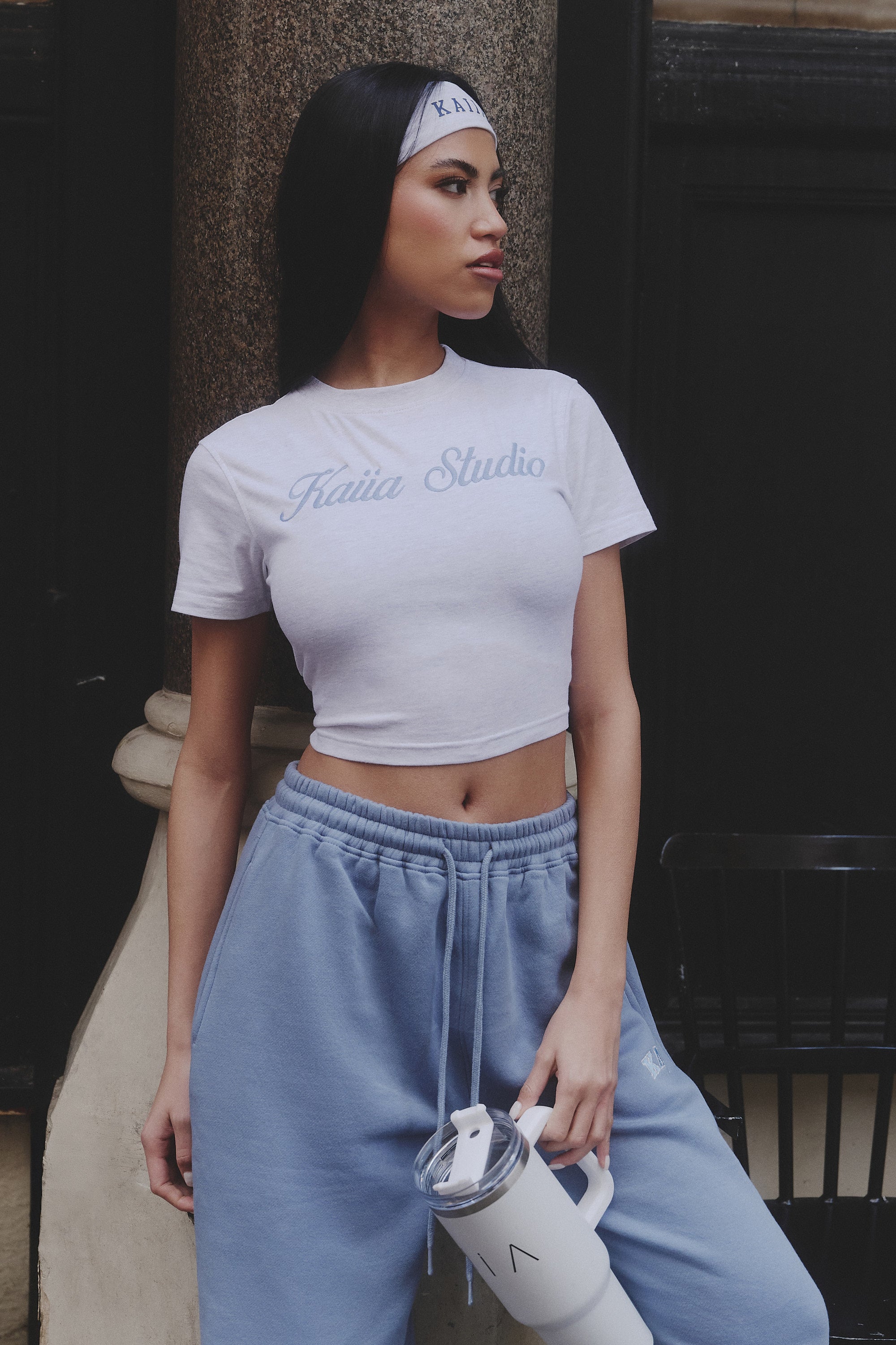 Kaiia Script Logo Baby Tee Light Grey Marl & Vintage Blue