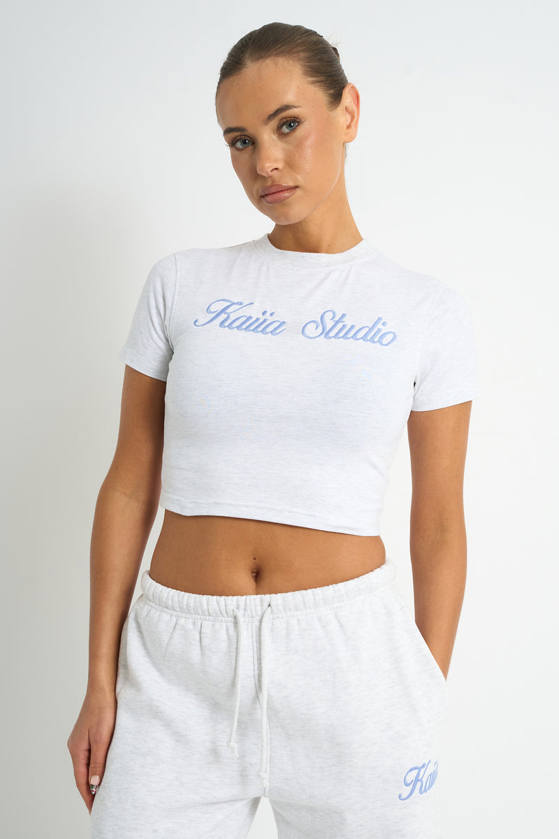 Kaiia Script Logo Baby Tee Light Grey Marl & Vintage Blue