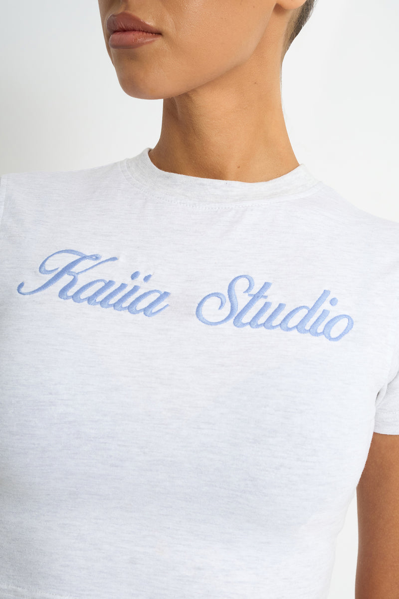 Kaiia Script Logo Baby Tee Light Grey Marl & Vintage Blue