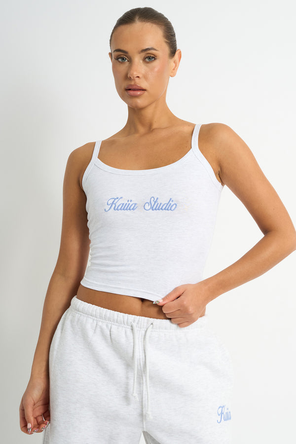 Kaiia Script Logo Cami Top Light Grey Marl & Vintage Blue