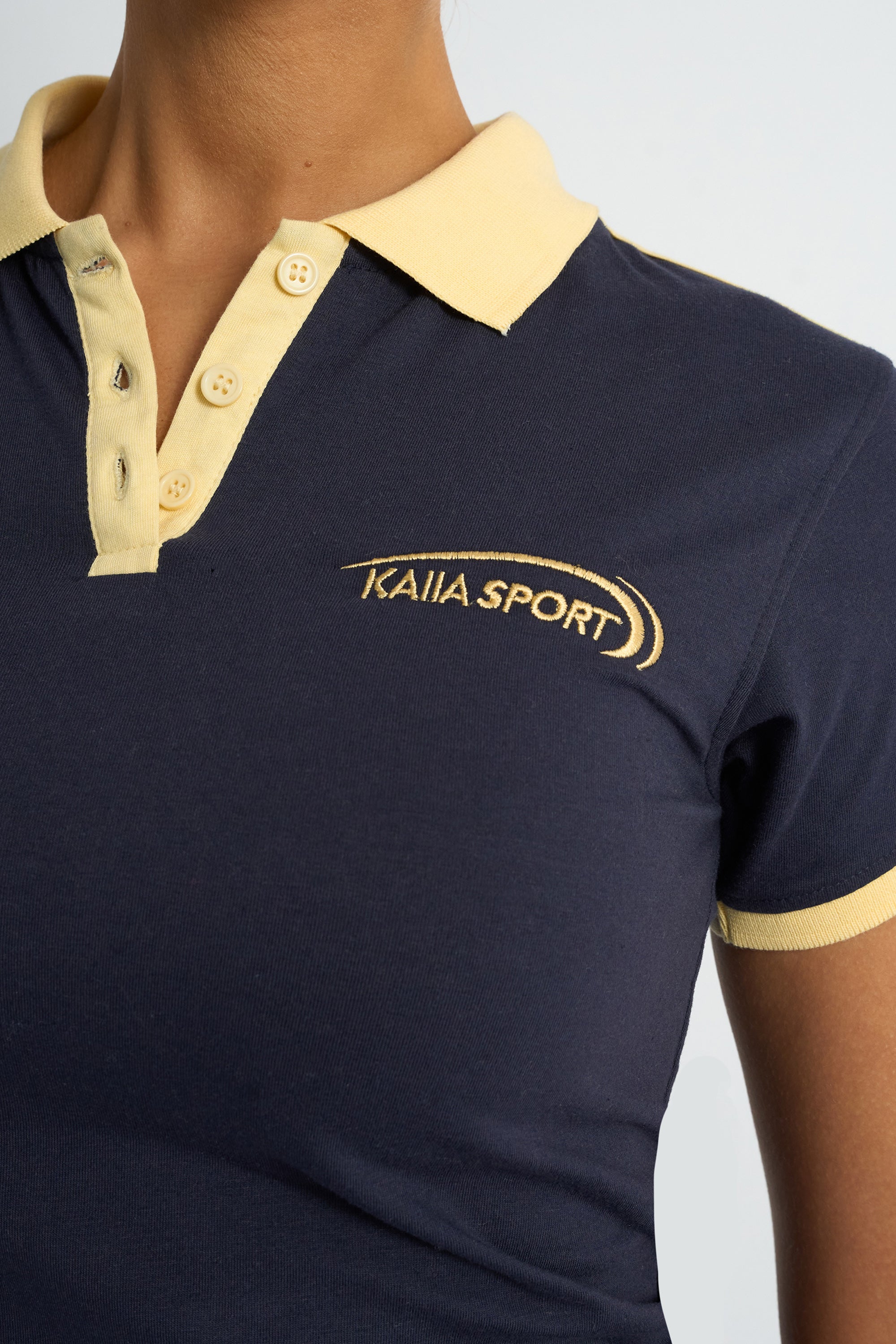 Kaiia Collar Detail Baby Tee Navy & Yellow