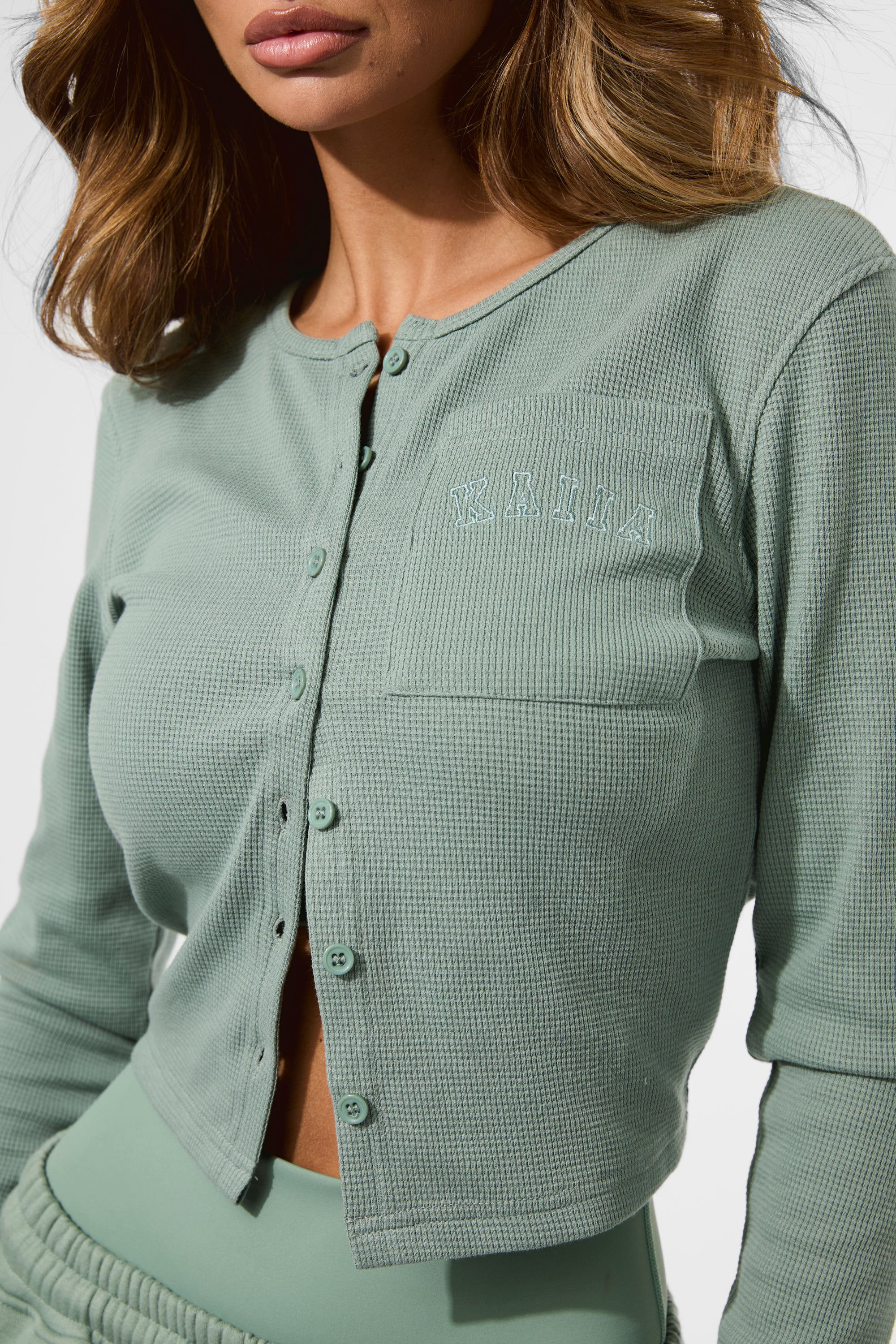 Kaiia Waffle Button Up Long Sleeve Top Green Tea