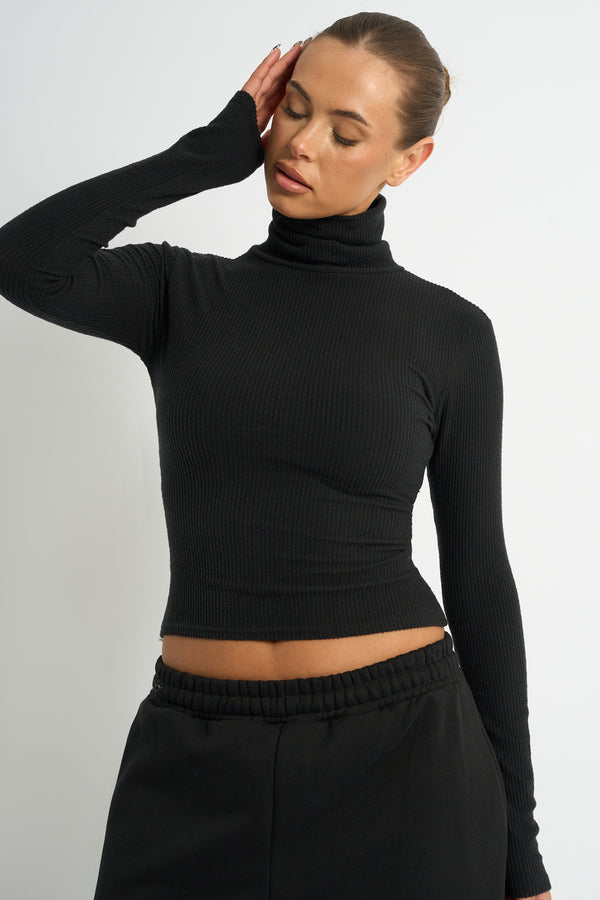 Kaiia Rib Roll Neck Long Sleeve Top Black