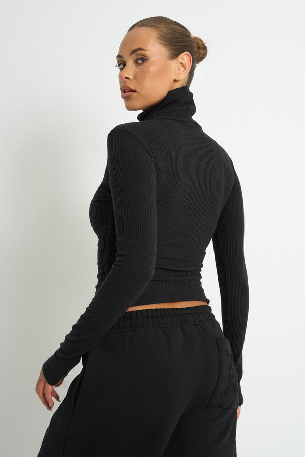 Kaiia Rib Roll Neck Long Sleeve Top Black