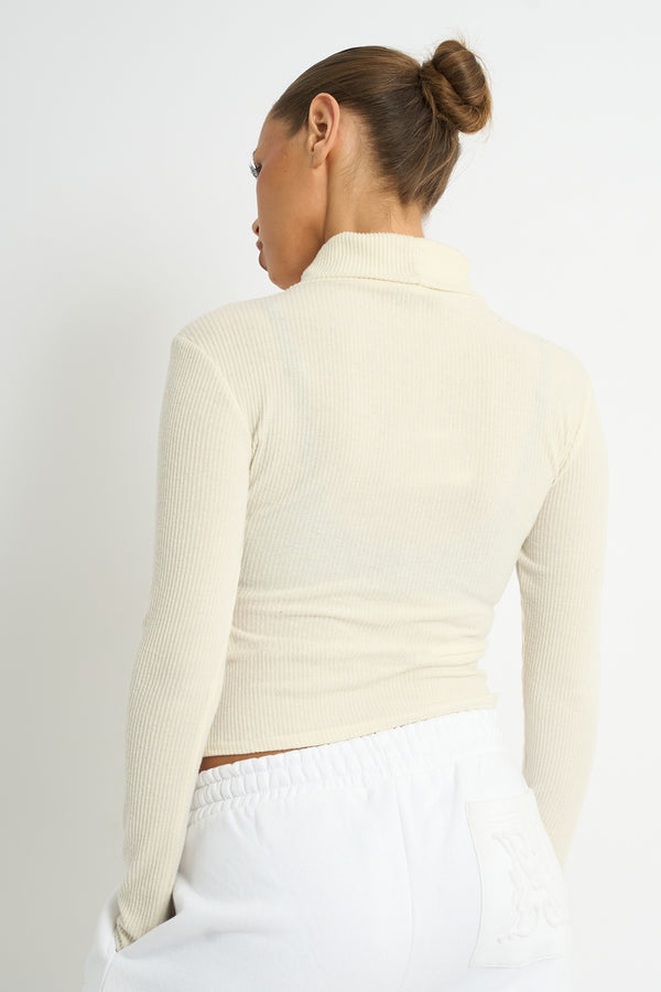 Kaiia Rib Roll Neck Long Sleeve Top Ivory