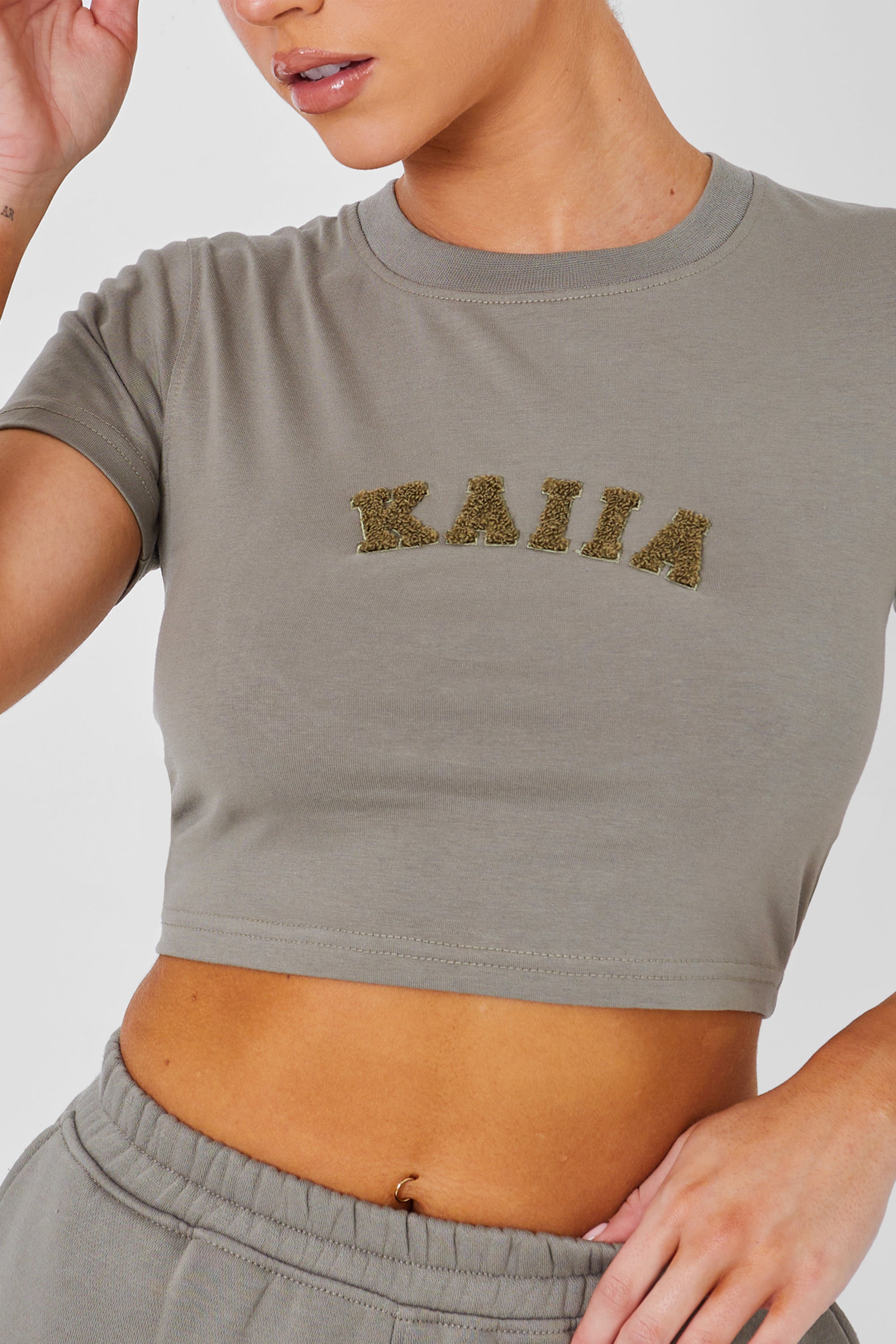 Kaiia Slogan Baby Tee Khaki