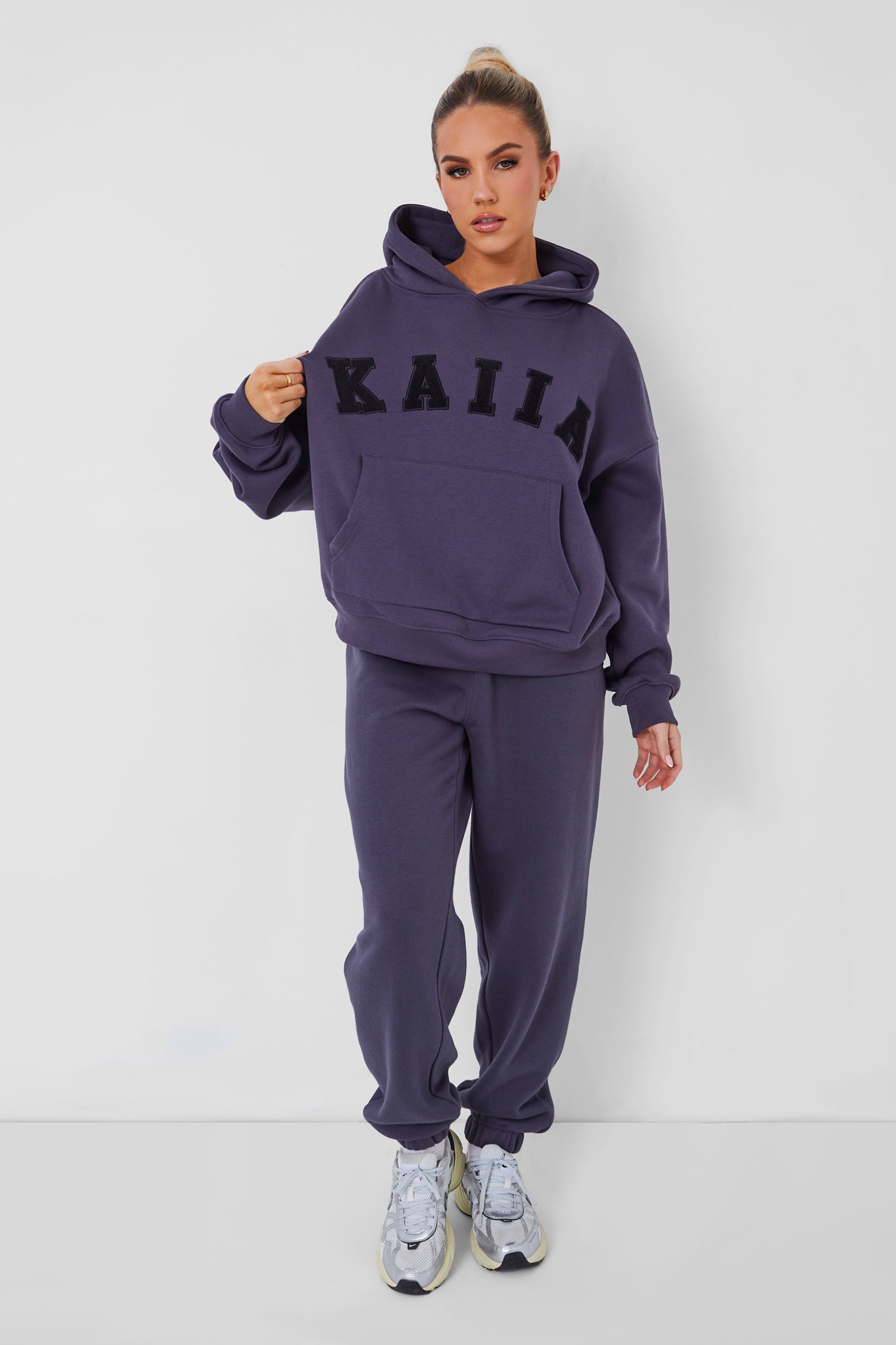 Kaiia Slogan Oversized Hoodie Dark Grey