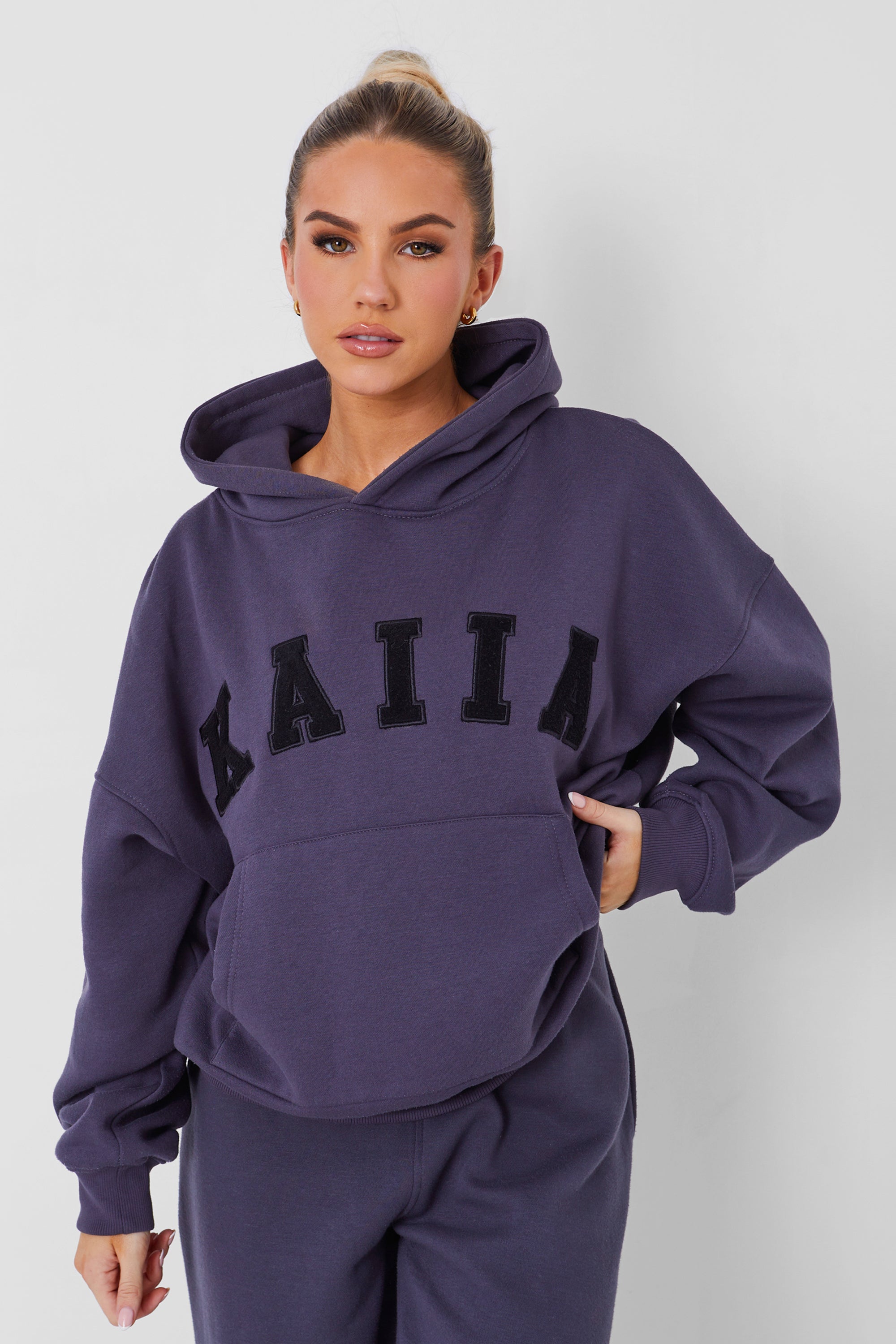 Kaiia Slogan Oversized Hoodie Dark Grey