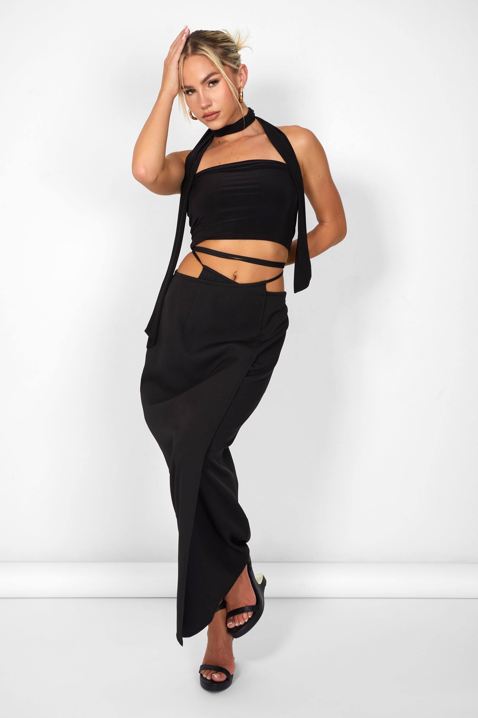 Kaiia Wrap Tie Side Maxi Skirt in Black