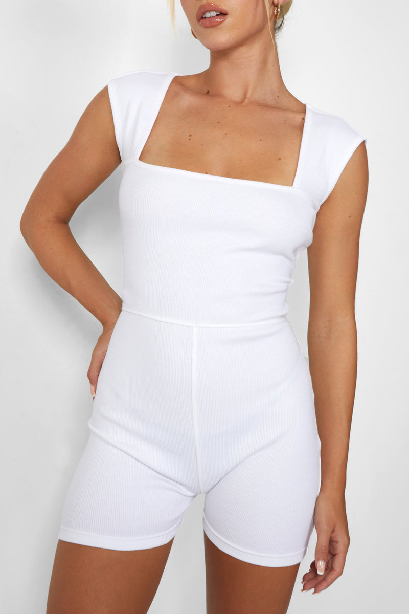 Square Neck Ribbed Playsuit White