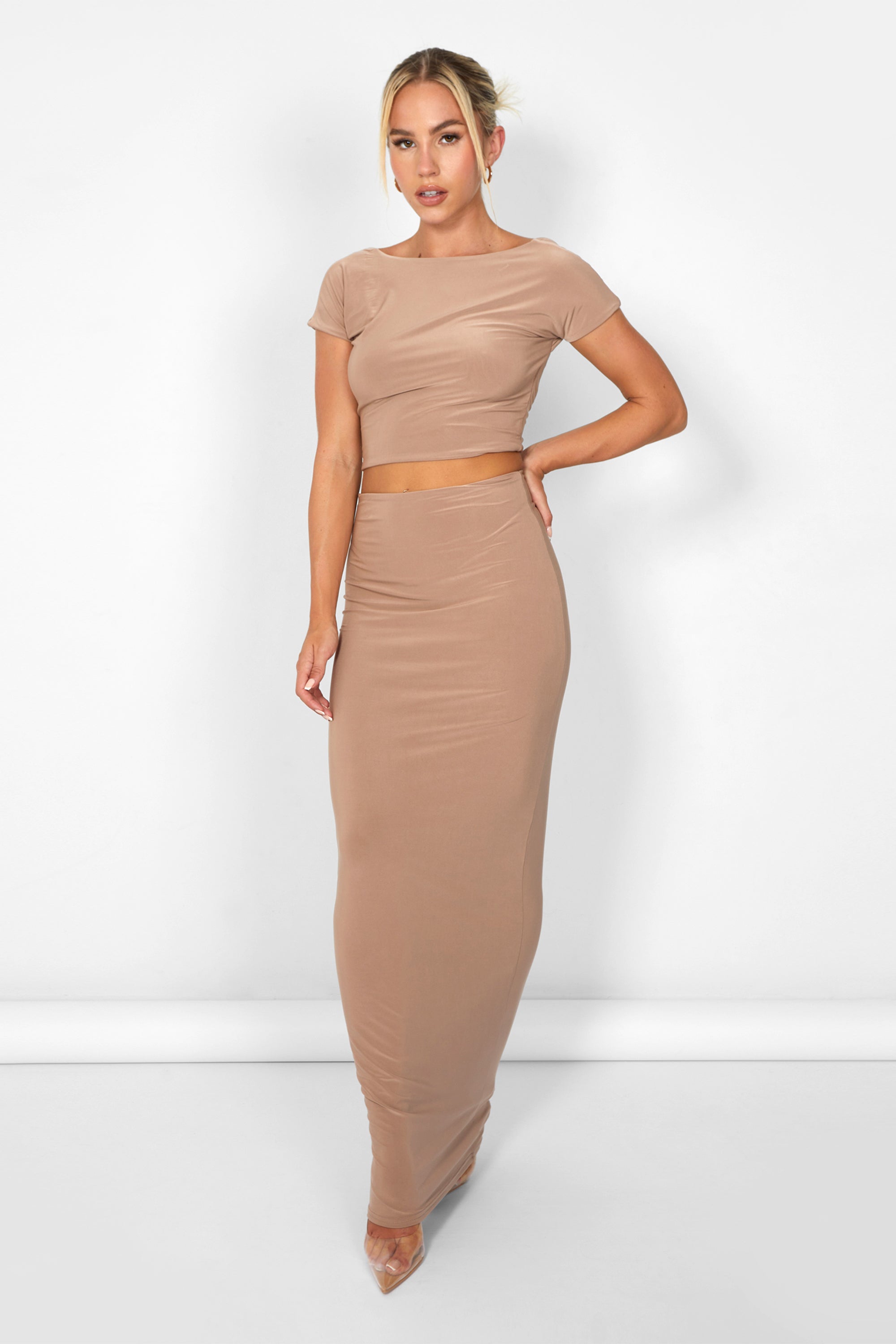 Kaiia Slinky Maxi Skirt Co-ord in Taupe