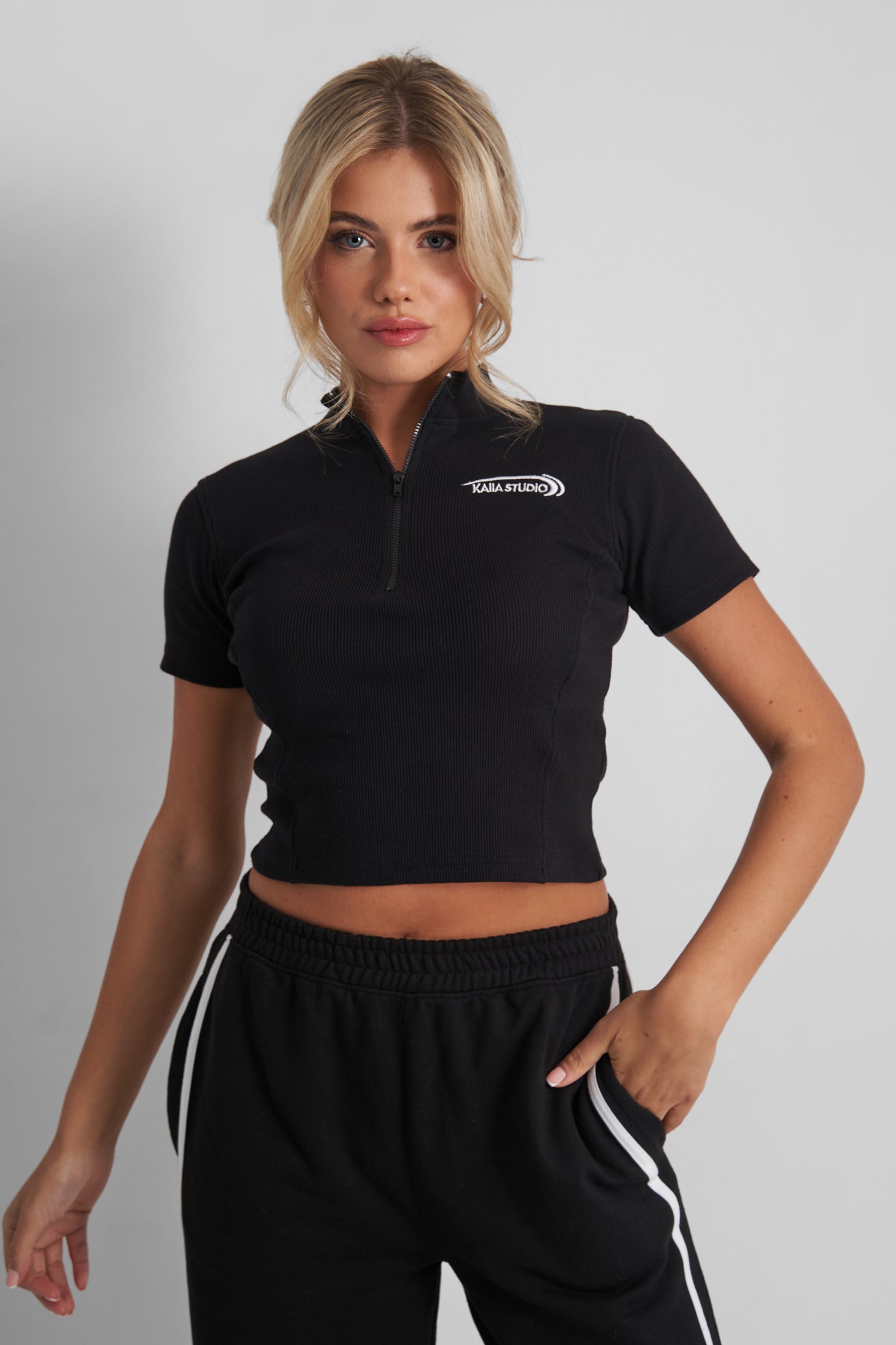 Kaiia Studio Zip Up Logo Crop Top Black