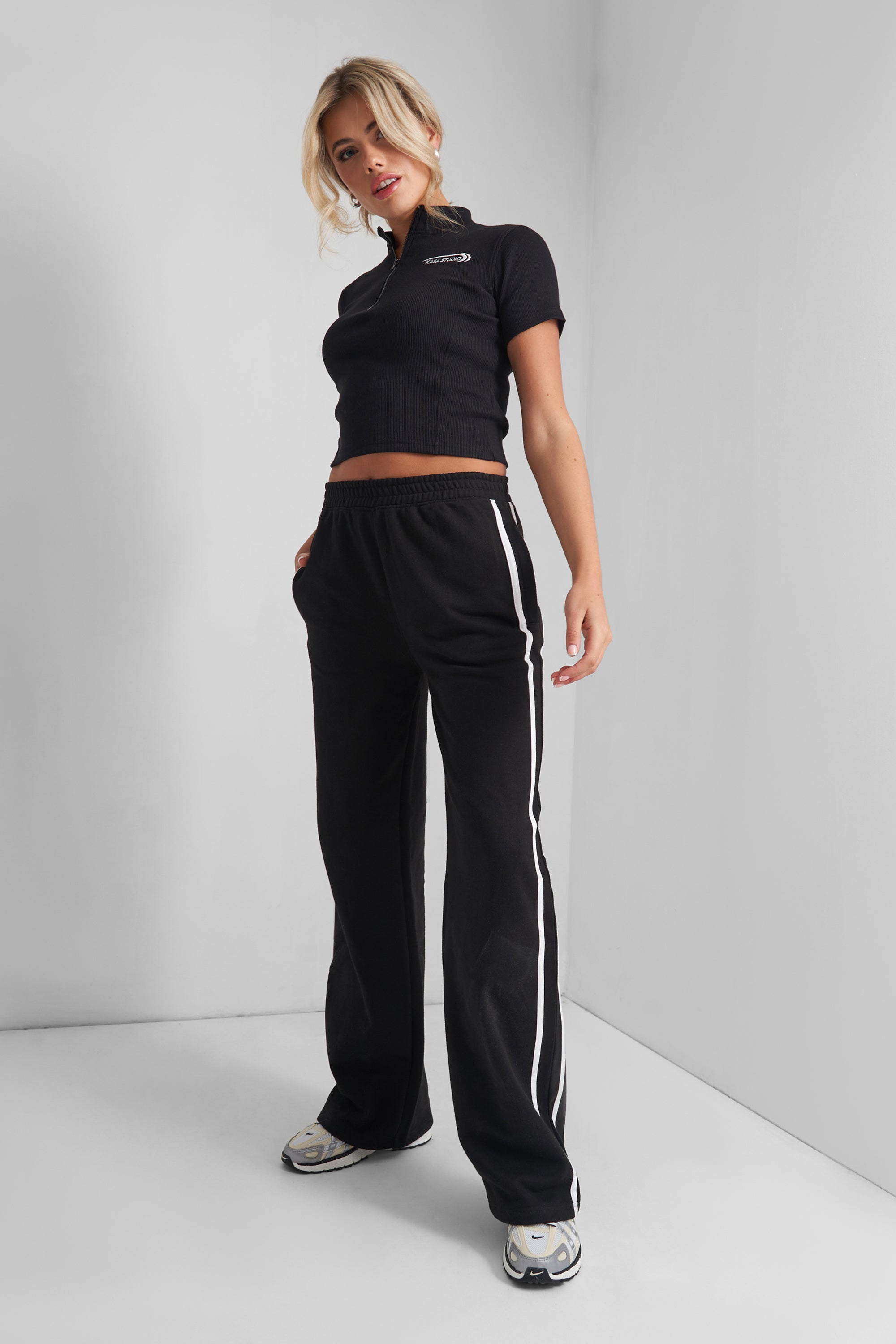 Kaiia Studio Zip Up Logo Crop Top Black